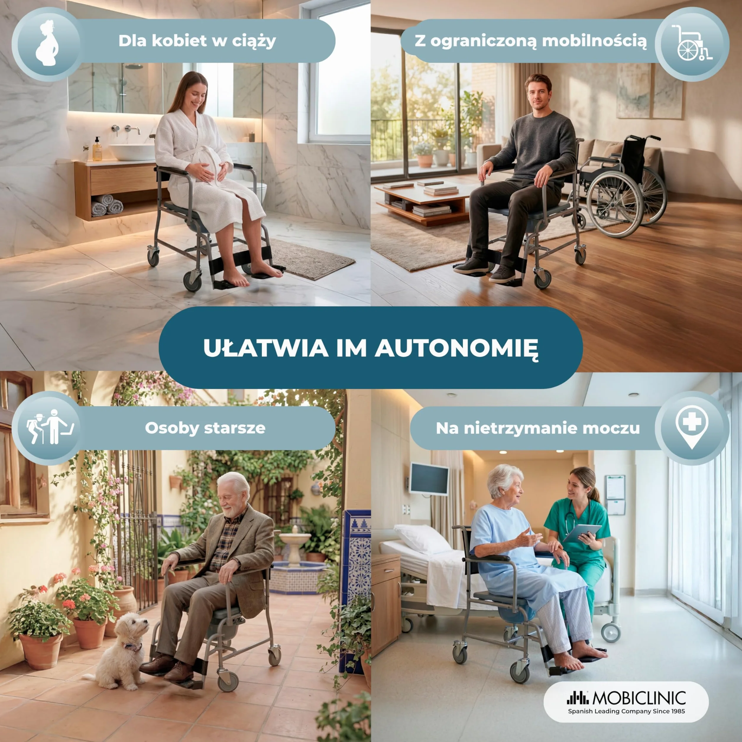 Mobiclinic, Wc krzesł na kółkach, Ancla, Toaleta dla osób niepełnosprawnych, Starszych, Składany podłokietnik i podnóżek ergonomiczny siedzenia, Szara