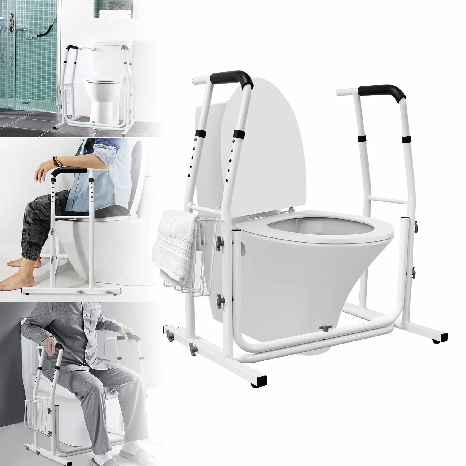 LARS360 Mobilna podpórka do WC z koszem, regulowana w wysokości, podpórka do toalety, uchwyt do łazienki, obciążalność do 200 kg