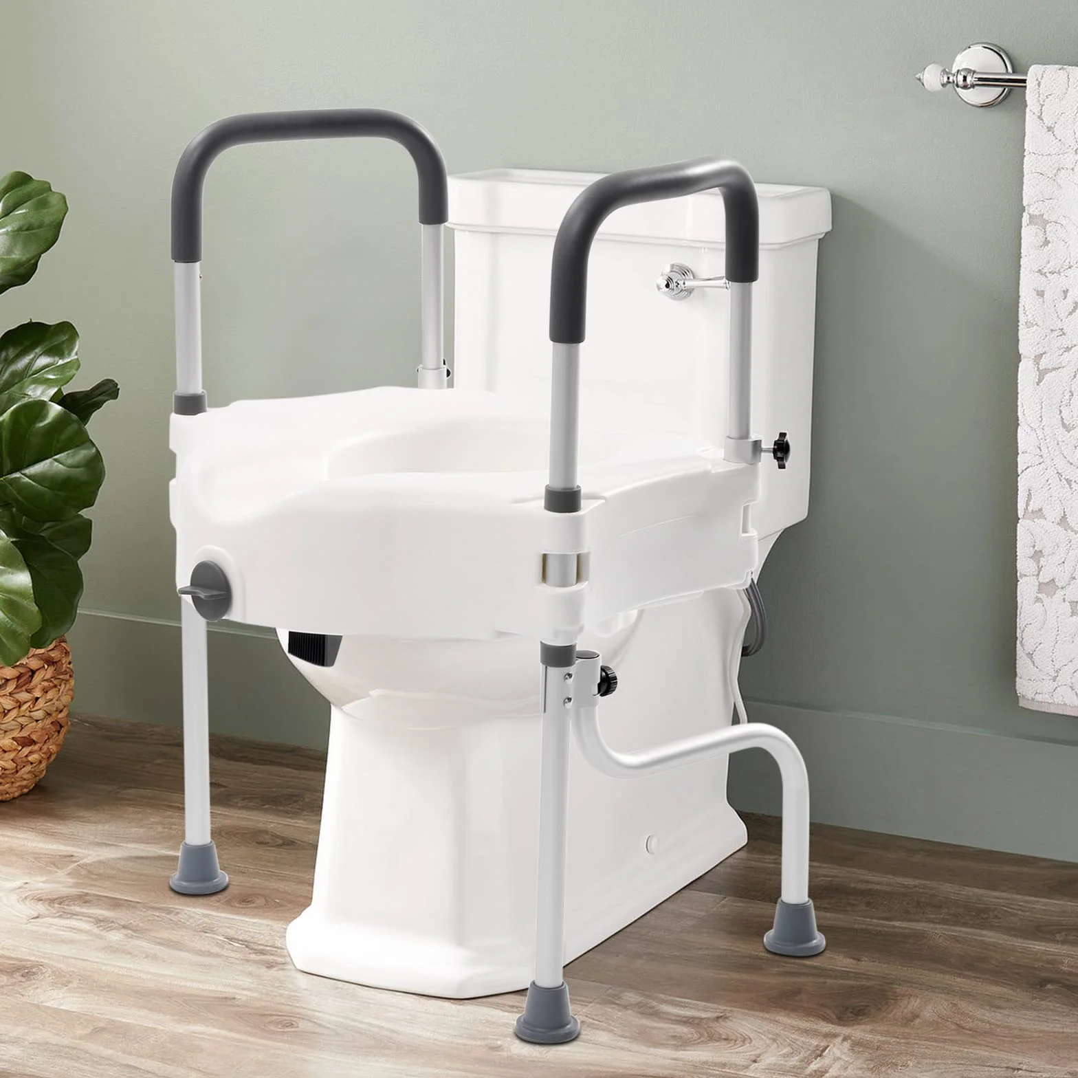 Uchwyt do toalety, podwyższenie deski sedesowej i rama bezpieczeństwa z podłokietnikami, nośność 150 kg, wysokość 11 cm, łatwy do czyszczenia, ergonomiczny design
