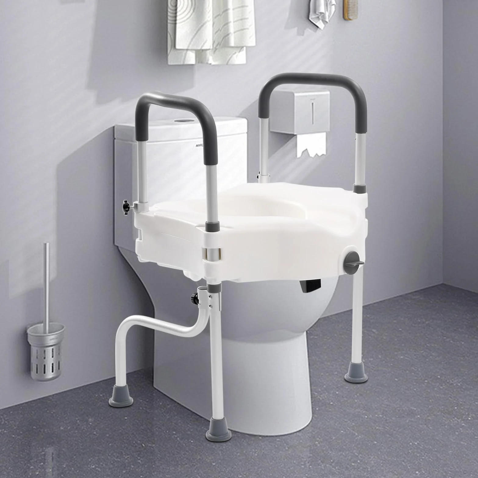 Uchwyt do toalety, podwyższenie deski sedesowej i rama bezpieczeństwa z podłokietnikami, nośność 150 kg, wysokość 11 cm, łatwy do czyszczenia, ergonomiczny design