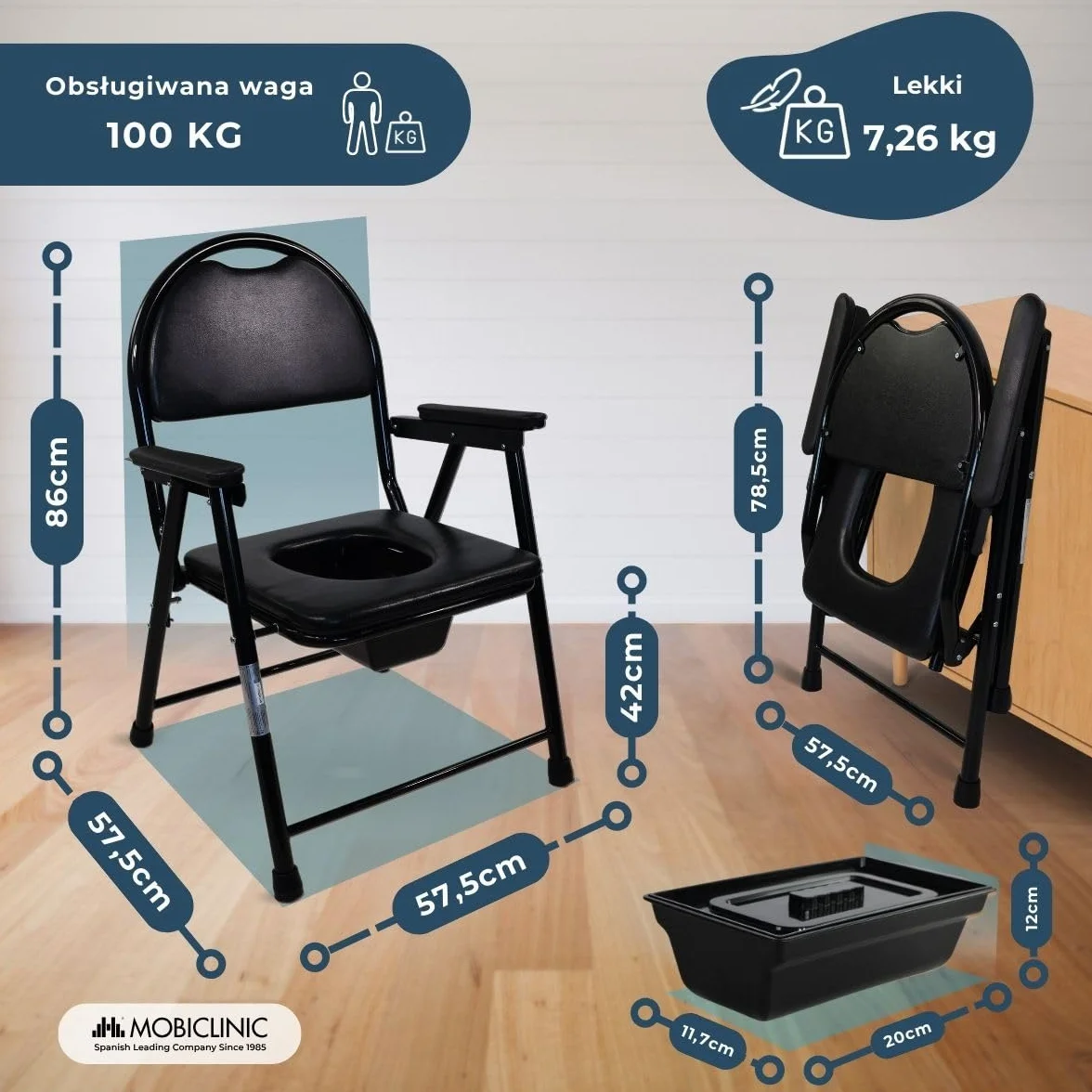Mobiclinic, Guadalquivir, Krzesł do wc dla osób niepełnosprawnych, Upośledzonych, Starszych, Składane, Podłokietniki, Ergonomiczne siedzisko, Maty antypoślizgowe, Kolor czarny