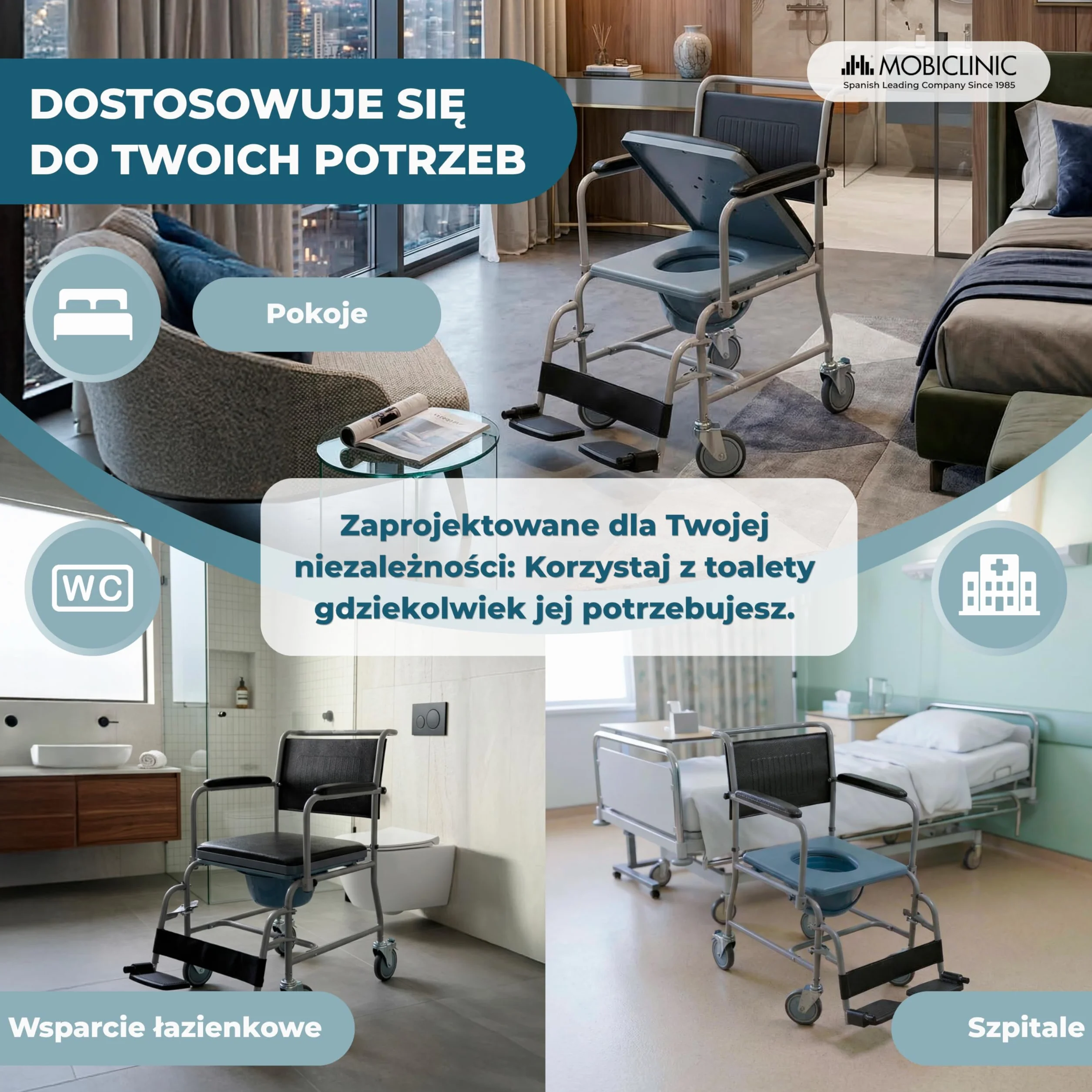 Mobiclinic, Wc krzesł na kółkach, Ancla, Toaleta dla osób niepełnosprawnych, Starszych, Składany podłokietnik i podnóżek ergonomiczny siedzenia, Szara