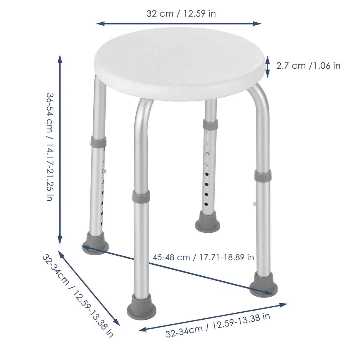 Taboret prysznicowy, taboret łazienkowy, krzesło prysznicowe z antypoślizgowymi gumowymi nóżkami, stabilny, lekki, 8-stopniowa regulacja wysokości (36-54 cm), dla starszych seniorów, niepełnosprawnych