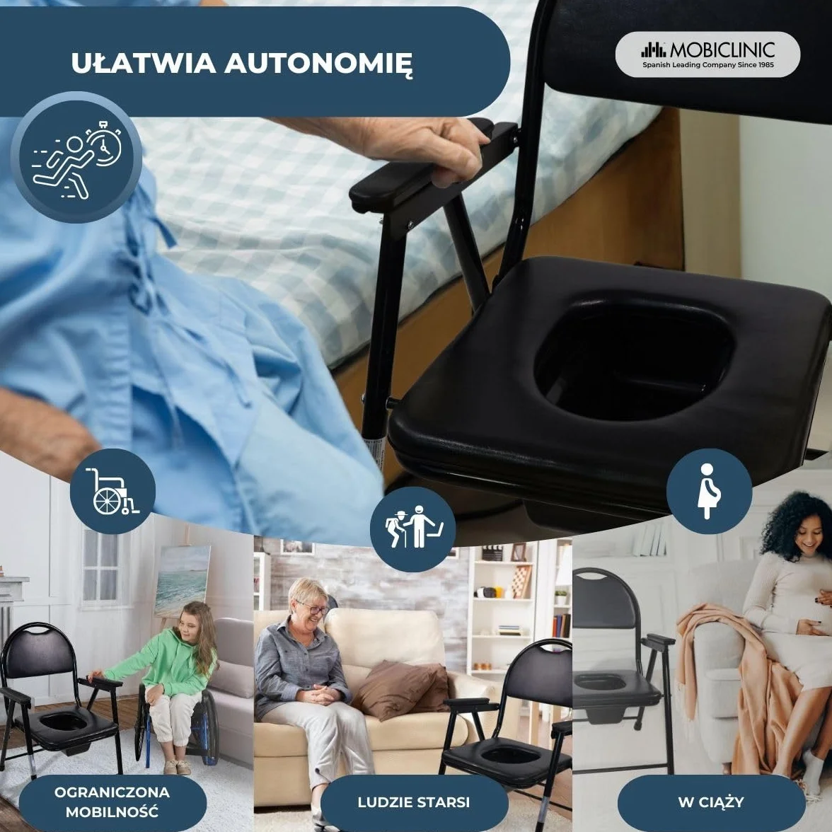 Mobiclinic, Guadalquivir, Krzesł do wc dla osób niepełnosprawnych, Upośledzonych, Starszych, Składane, Podłokietniki, Ergonomiczne siedzisko, Maty antypoślizgowe, Kolor czarny