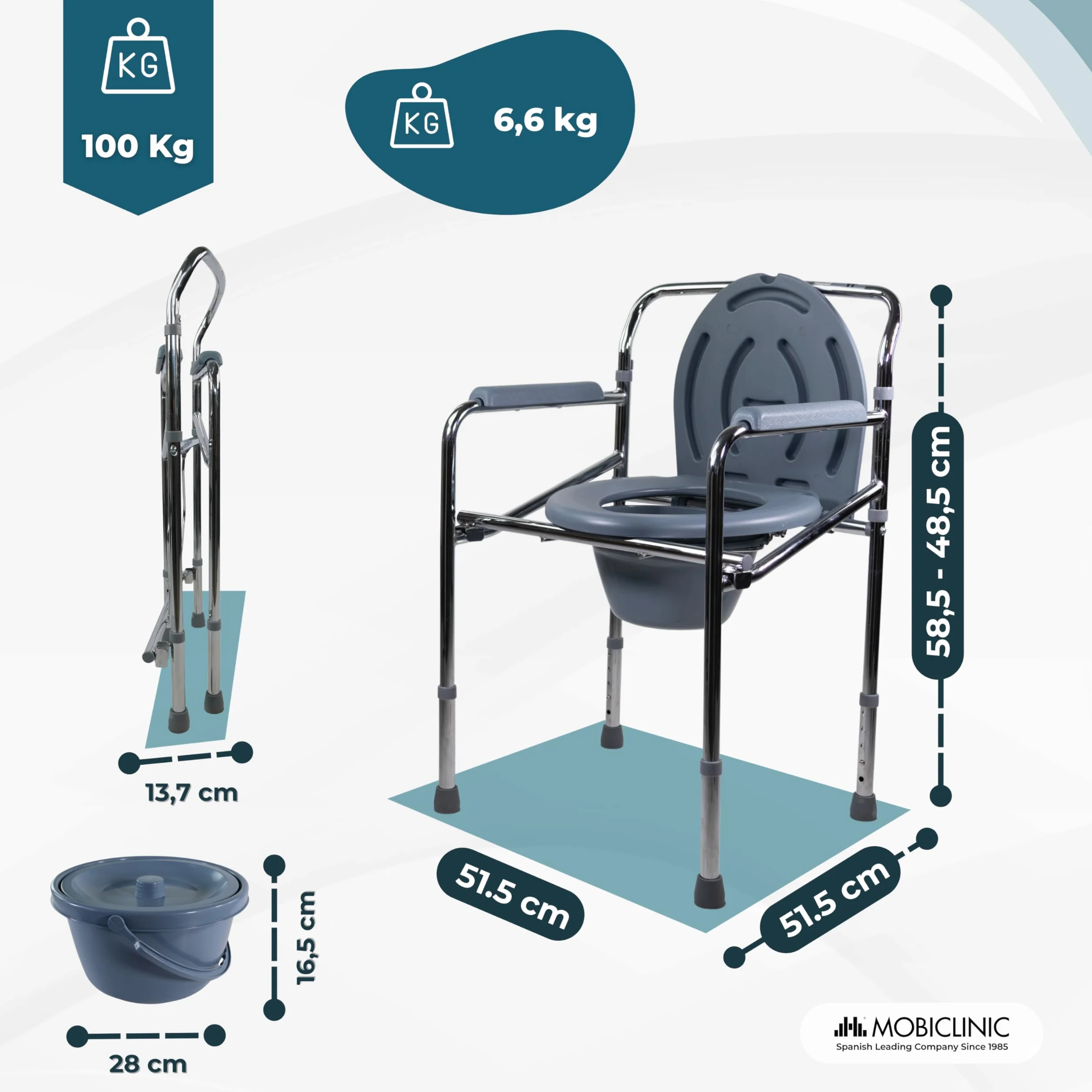 Mobiclinic, Puente, Krzesł z wc dla niepełnosprawnych, Inwalidów, Osób starszych, Składane, Podłokietniki, Ergonomiczne siedzisko, Stal chromowana, Podkładki antypoślizgowe