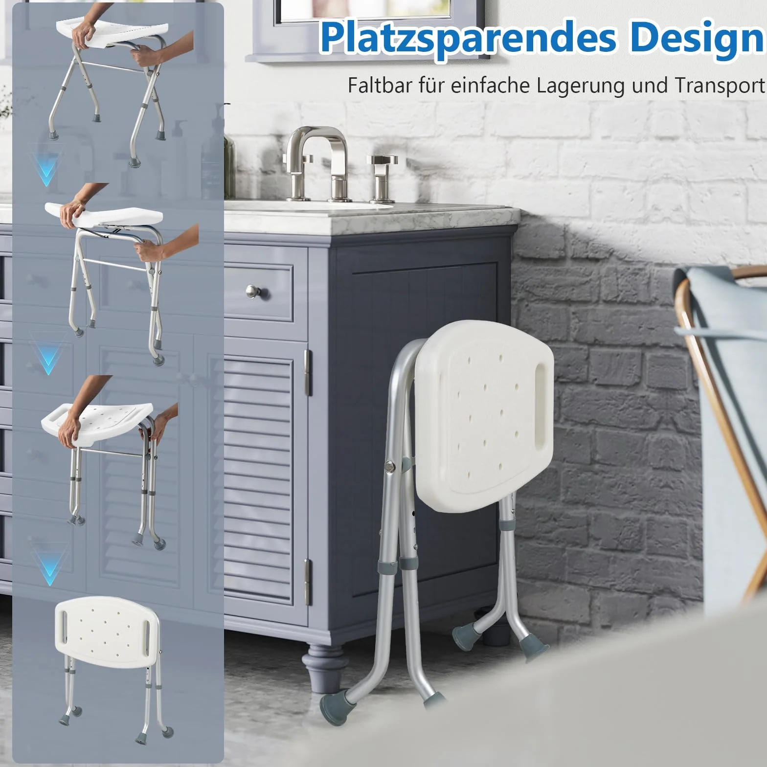 COSTWAY Taboret prysznicowy składany, krzesło prysznicowe 49-52,5 cm, z regulacją wysokości, ławka prysznicowa, obciążenie do 150 kg, taboret łazienkowy z antypoślizgowymi gumowymi nóżkami, pomoc pod
