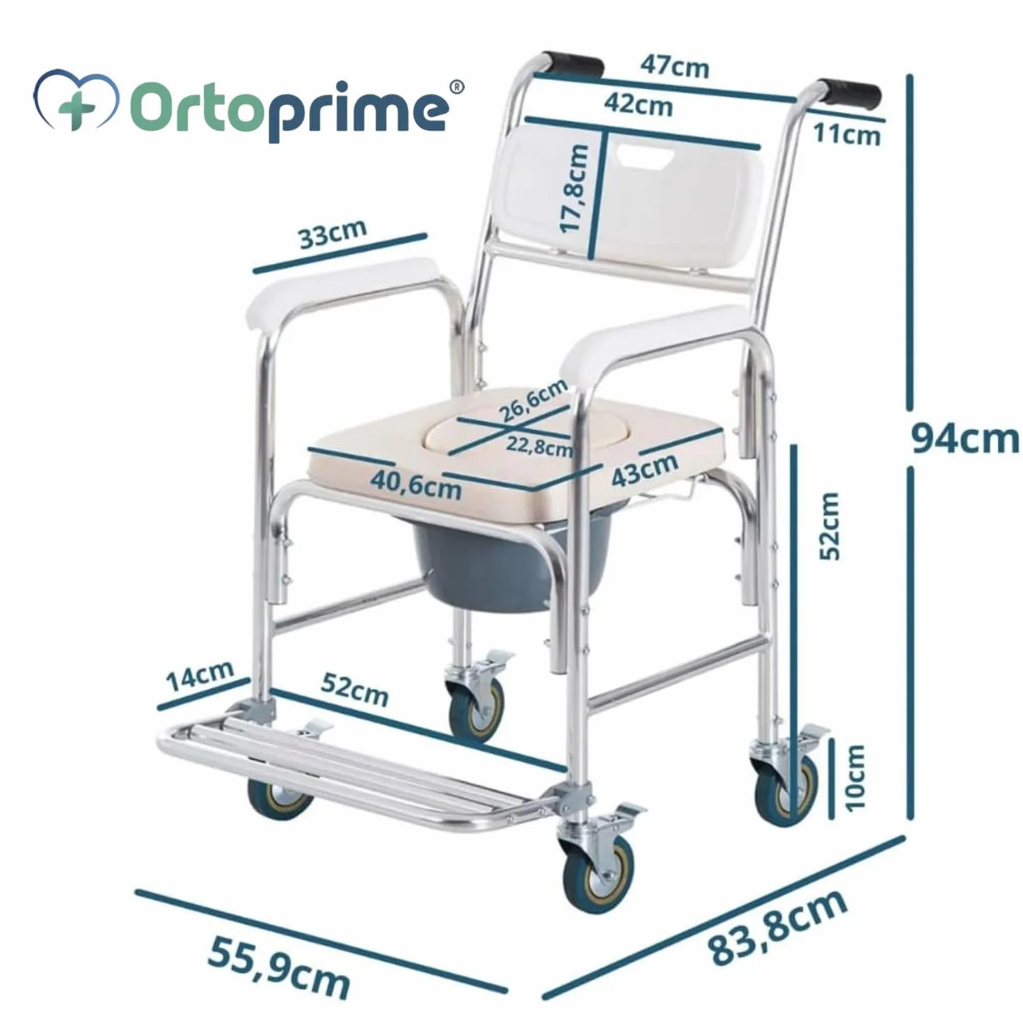 OrtoPrime Krzesło prysznicowe WC z kółkami i stopami - 3 w 1 - Krzesło z wbudowaną toaletą - Przenośny wózek toaletowy dla osób starszych - Wózek inwalidzki Prysznic - krzesło do kąpieli geriatrica