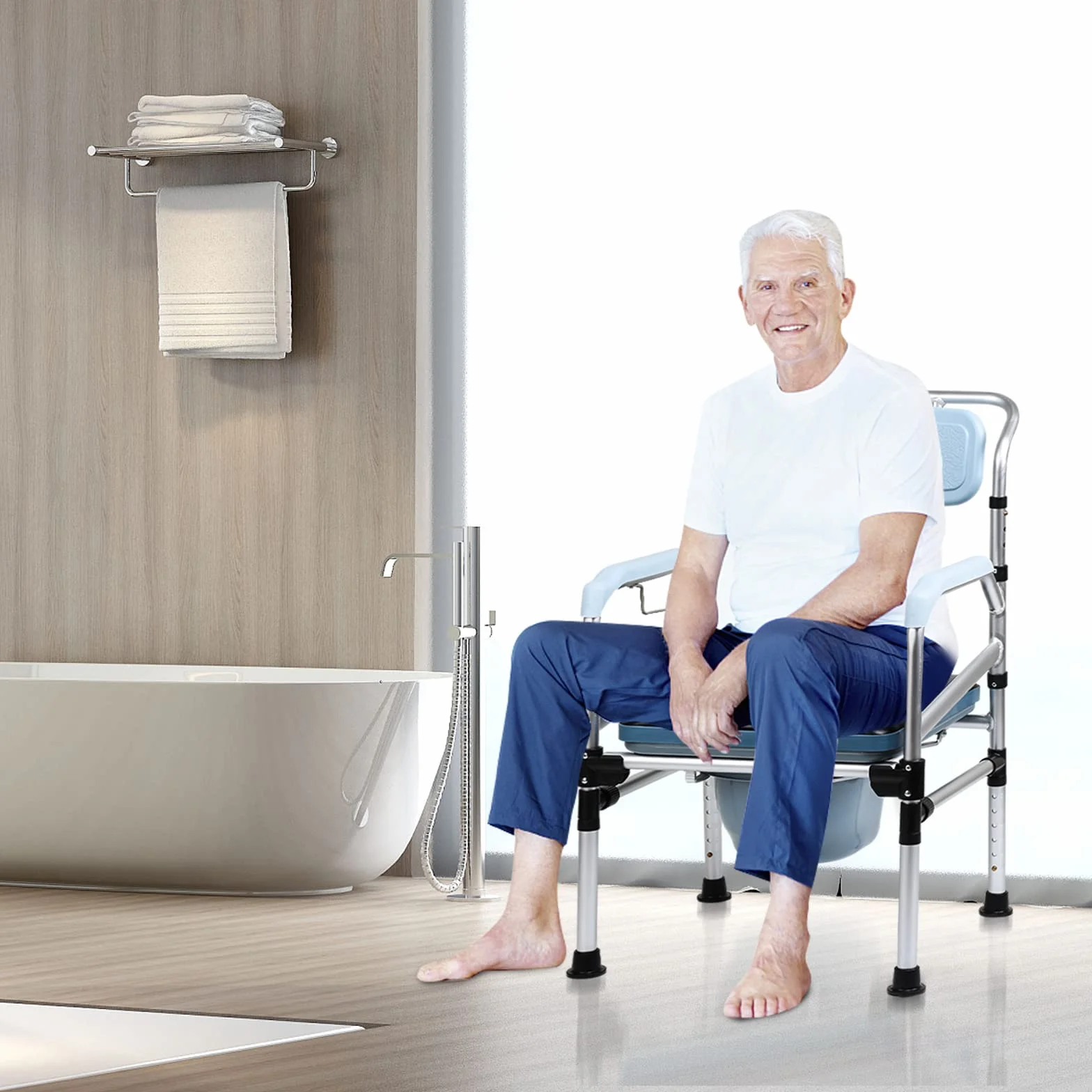 Jopassy Krzesło toaletowe dla seniorów, regulacja wysokości 42-54 cm, z wyściełanym siedziskiem i wiadrem toaletowym, obciążenie do 160 kg, dla seniorów i kobiet w ciąży