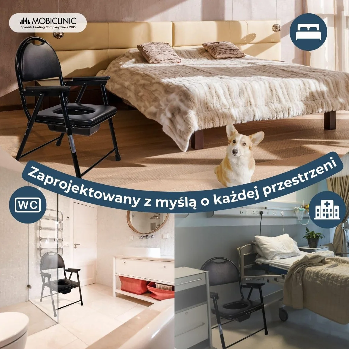 Mobiclinic, Guadalquivir, Krzesł do wc dla osób niepełnosprawnych, Upośledzonych, Starszych, Składane, Podłokietniki, Ergonomiczne siedzisko, Maty antypoślizgowe, Kolor czarny