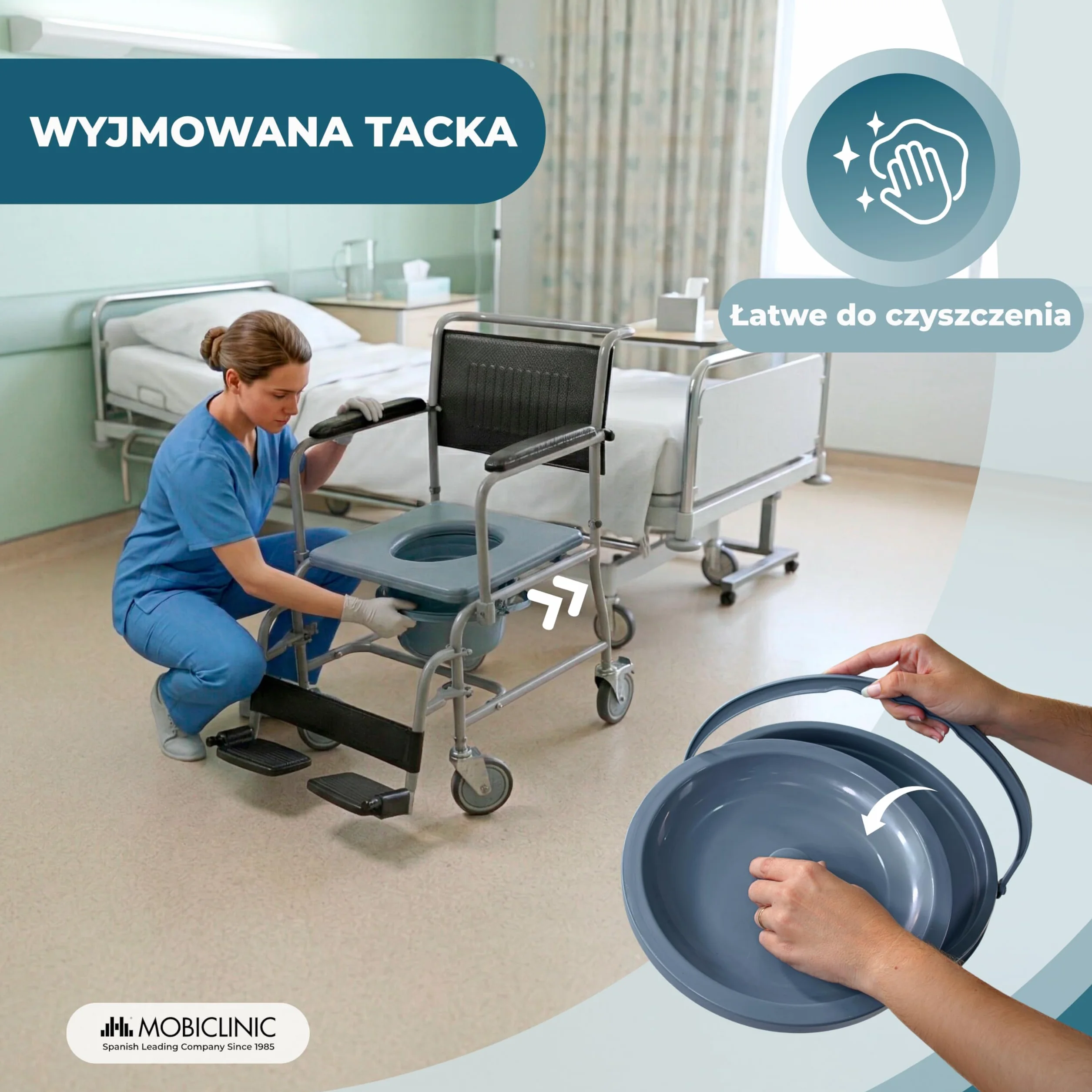 Mobiclinic, Wc krzesł na kółkach, Ancla, Toaleta dla osób niepełnosprawnych, Starszych, Składany podłokietnik i podnóżek ergonomiczny siedzenia, Szara