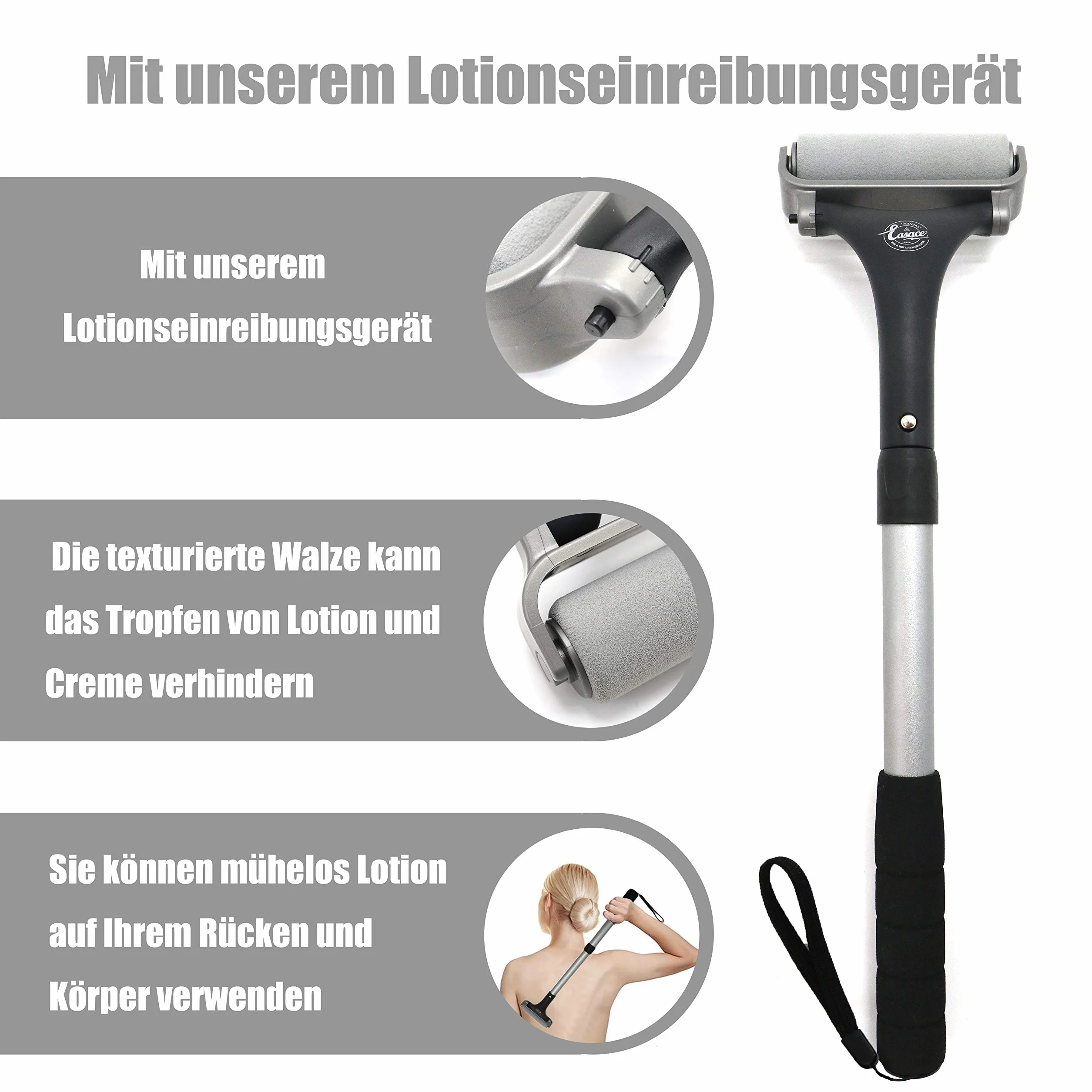 Easace Aplikator do balsamu do pleców dla mężczyzn i kobiet, wymienna głowica rolkowa z pianki, regulowana głowica kątowa, wysuwany długi uchwyt, krem nawilżający do ciała (srebrny)