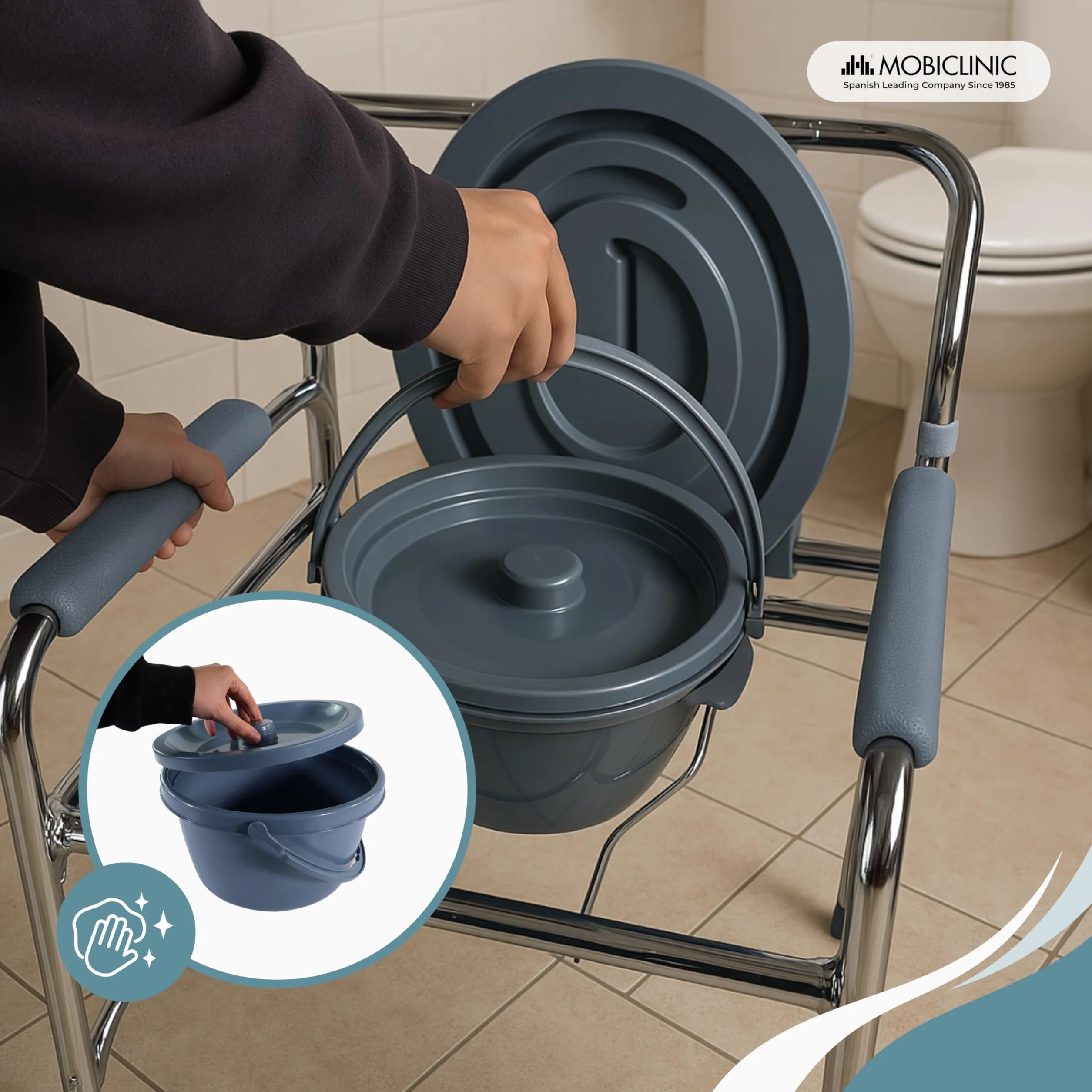 Mobiclinic, Puente, Krzesł z wc dla niepełnosprawnych, Inwalidów, Osób starszych, Składane, Podłokietniki, Ergonomiczne siedzisko, Stal chromowana, Podkładki antypoślizgowe
