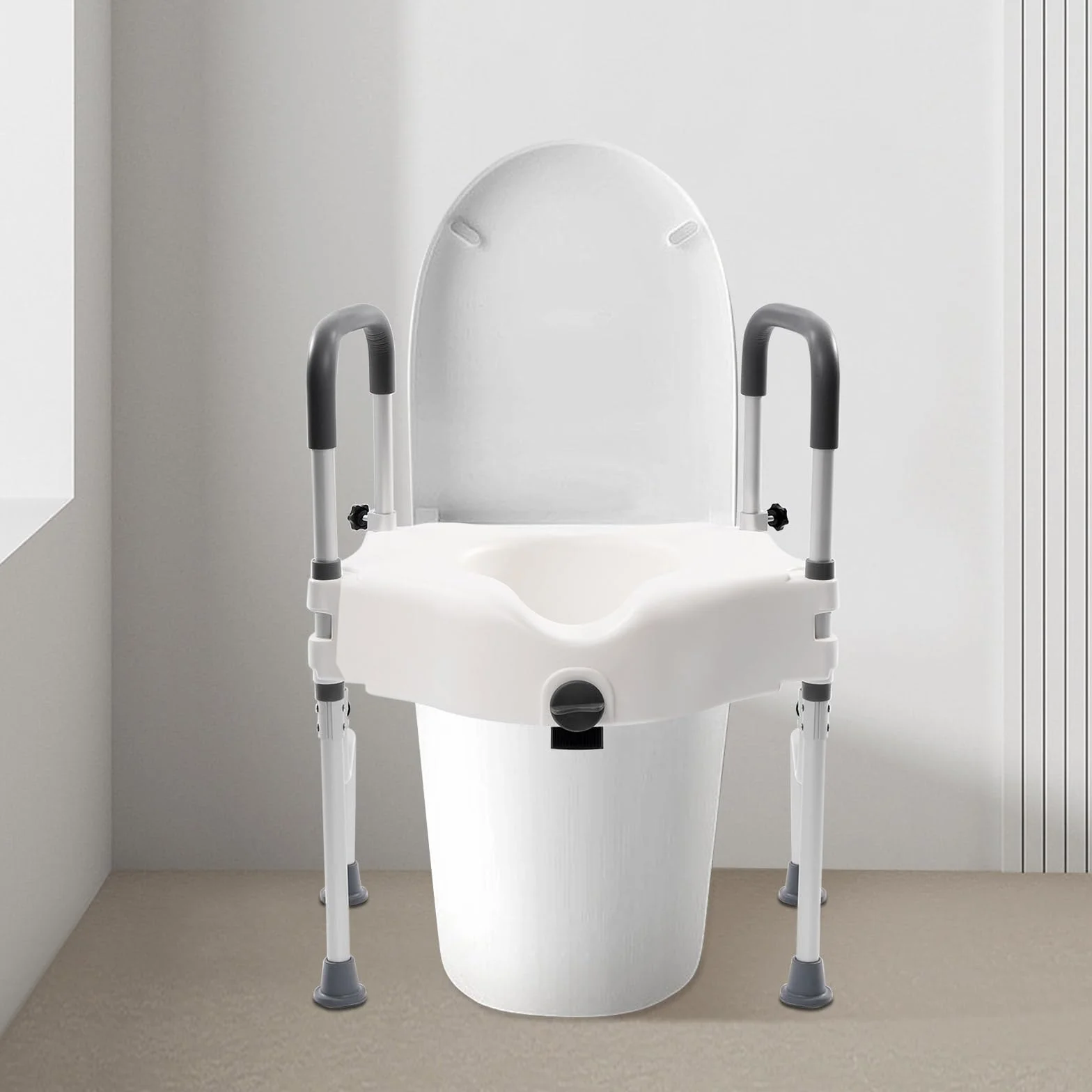 Uchwyt do toalety, podwyższenie deski sedesowej i rama bezpieczeństwa z podłokietnikami, nośność 150 kg, wysokość 11 cm, łatwy do czyszczenia, ergonomiczny design