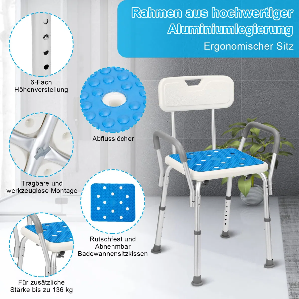 M1-GGP8887c taboret prysznicowy z podłokietnikami, oparcie, antypoślizgowe siedzisko łazienkowe i poduszka do siedzenia, taboret kąpielowy z regulacją wysokości 41-53,5 cm, krzesło prysznicowe