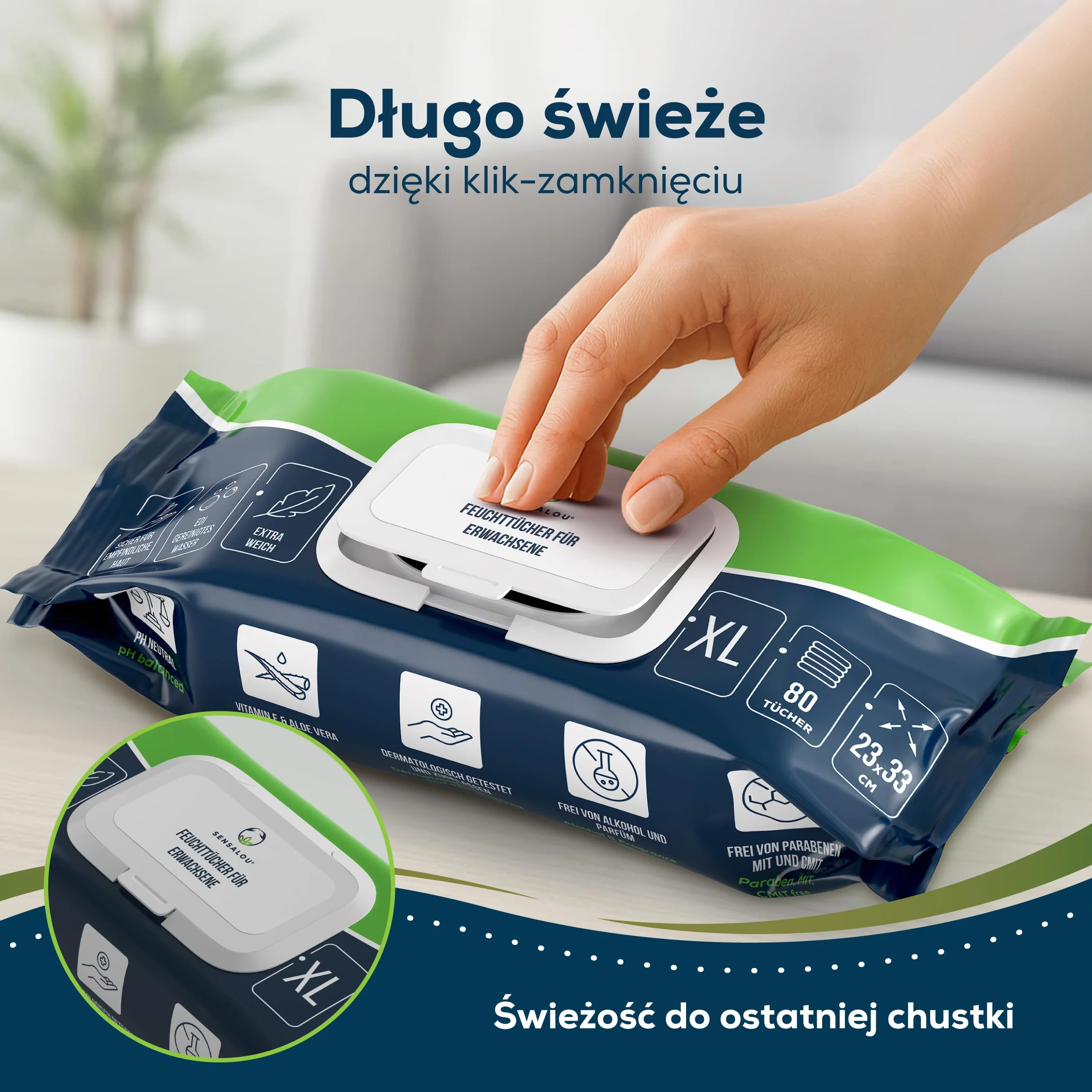 Sensalou Chusteczki nawilżane XXL dla dorosłych, bardzo duże, 23 x 33 cm (80 sztuk)