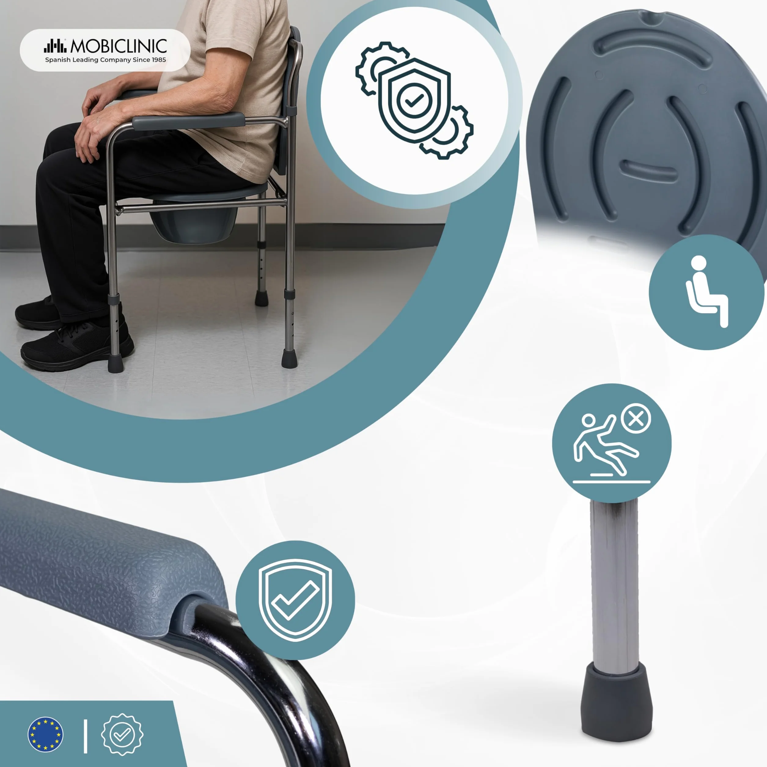 Mobiclinic, Puente, Krzesł z wc dla niepełnosprawnych, Inwalidów, Osób starszych, Składane, Podłokietniki, Ergonomiczne siedzisko, Stal chromowana, Podkładki antypoślizgowe