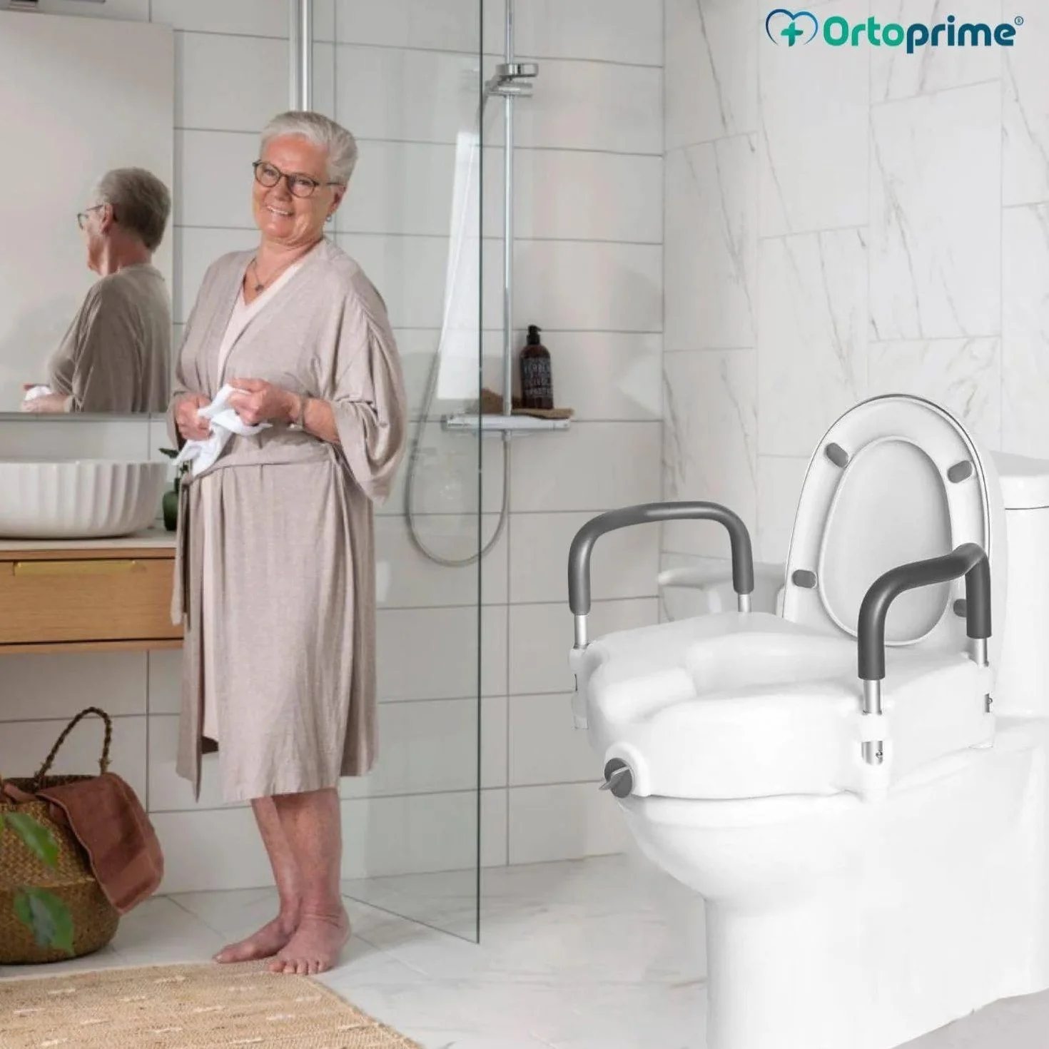 OrtoPrime Podnośnik toaletowy dla dorosłych z wyściełanym podłokietnikiem - Wysokość 12 cm - Podnośnik WC do toalety - Podnośnik toaletowy dla dorosłych z zabezpieczeniem - Podnośnik toaletowy