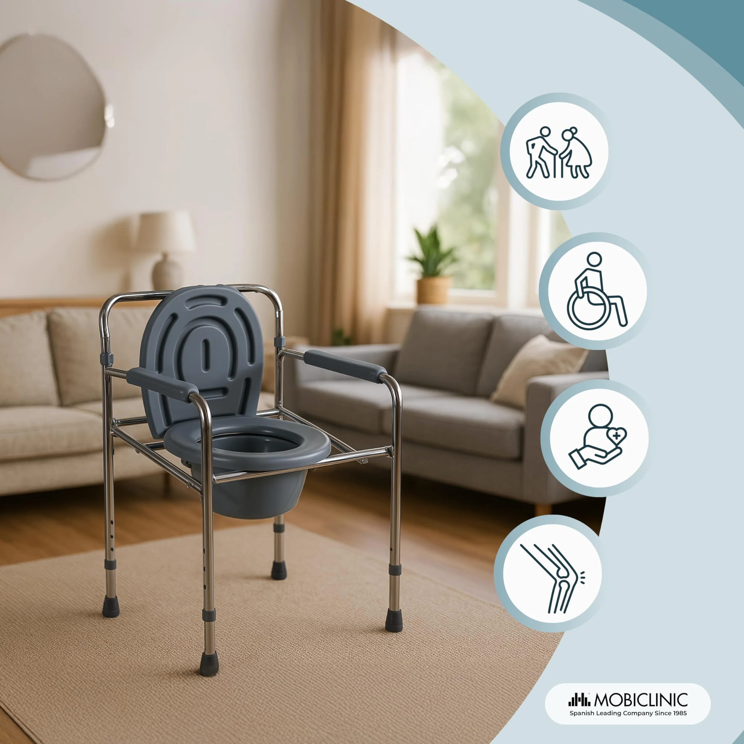 Mobiclinic, Puente, Krzesł z wc dla niepełnosprawnych, Inwalidów, Osób starszych, Składane, Podłokietniki, Ergonomiczne siedzisko, Stal chromowana, Podkładki antypoślizgowe