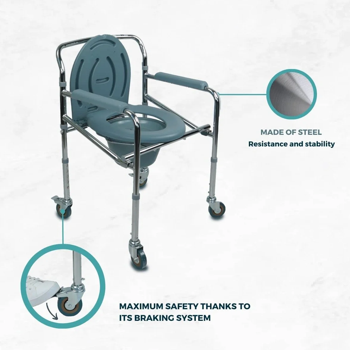 Mobiclinic®, Krzesło Toaletowe, Składane, Przenośna Toaleta, Zdejmowany Kubeł, Podłokietniki, Ergonomiczne Siedzisko, Do 100 kg, Kółka z Hamulcami, Antypoślizgowe Nóżki, Stal, Sprężynowe