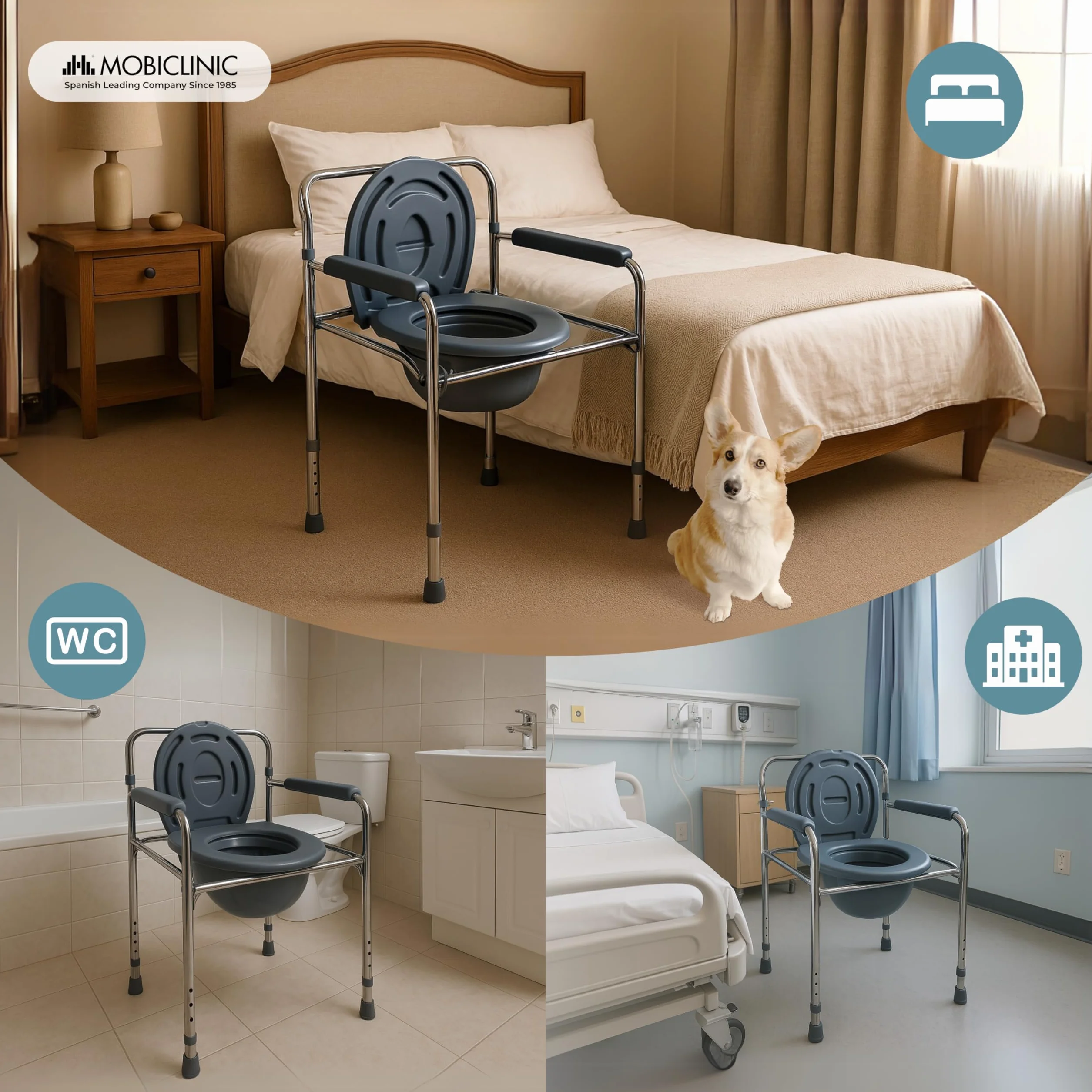 Mobiclinic, Puente, Krzesł z wc dla niepełnosprawnych, Inwalidów, Osób starszych, Składane, Podłokietniki, Ergonomiczne siedzisko, Stal chromowana, Podkładki antypoślizgowe