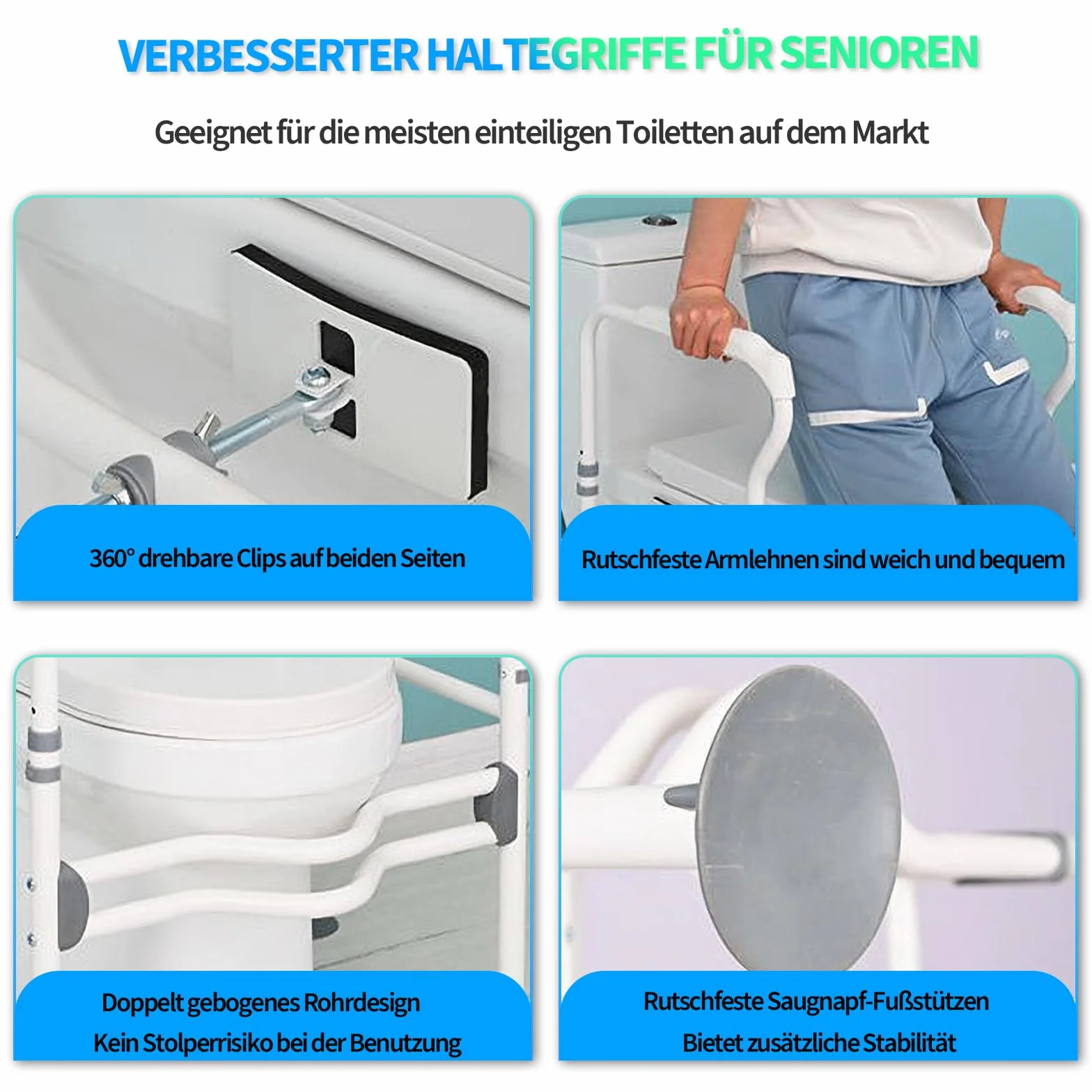 Fiutazge Podpórka do toalety, z regulacją wysokości, z podłokietnikami, wytrzymałe uchwyty do toalety dla seniorów, bez wiercenia, pomoc przy wstawaniu WC z dużymi, antypoślizgowymi nóżkami,Biały