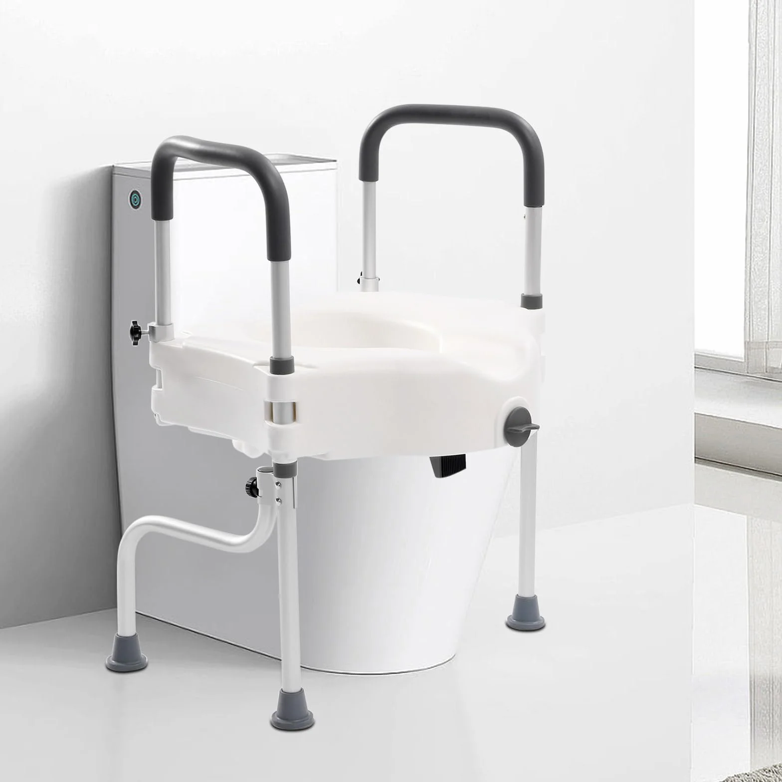 Uchwyt do toalety, podwyższenie deski sedesowej i rama bezpieczeństwa z podłokietnikami, nośność 150 kg, wysokość 11 cm, łatwy do czyszczenia, ergonomiczny design
