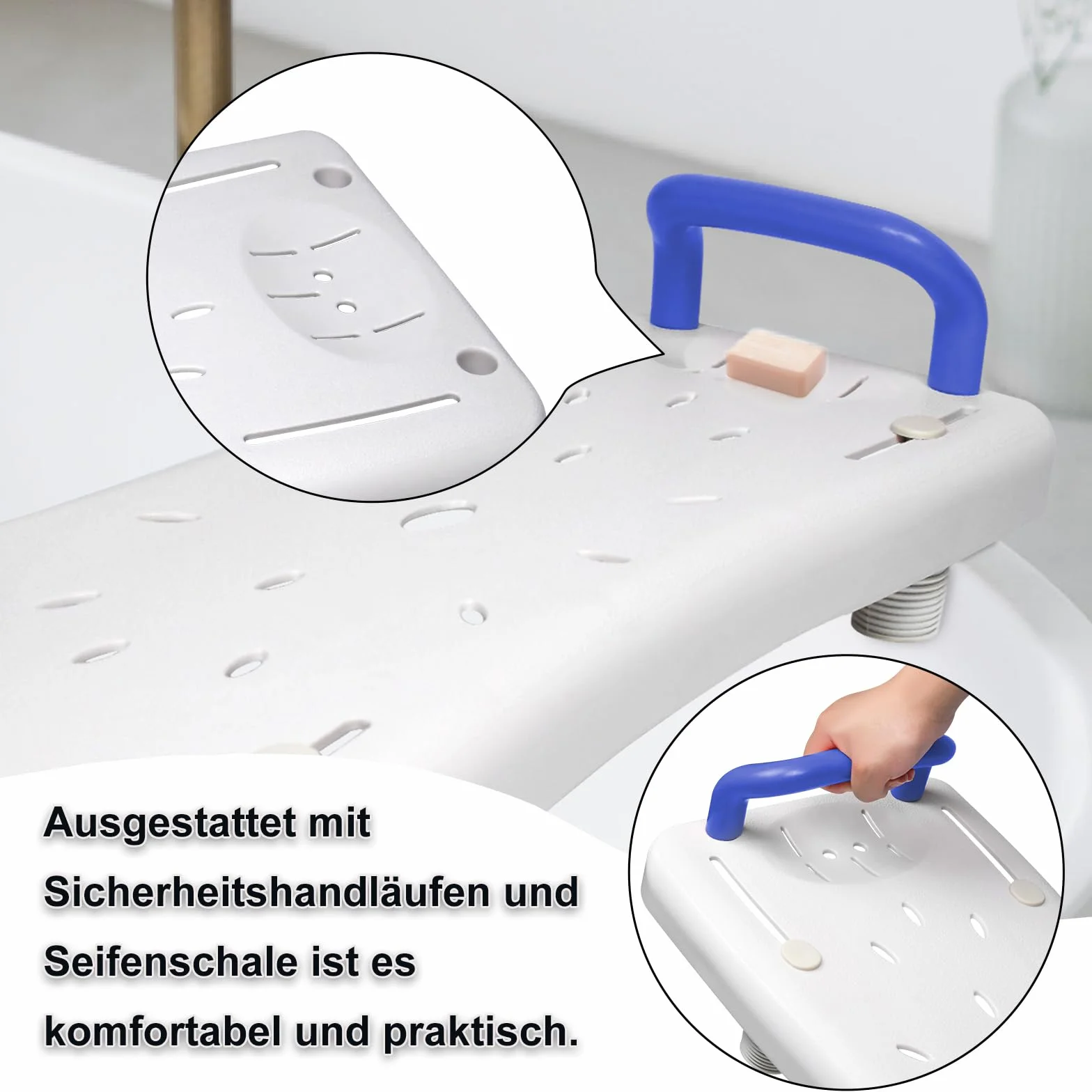XMTECH Siedzisko do wanny dla seniorów, z ergonomicznie ukształtowanym uchwytem, antypoślizgowa, z tworzywa sztucznego, deska prysznicowa do wanny, z niebieskim uchwytem