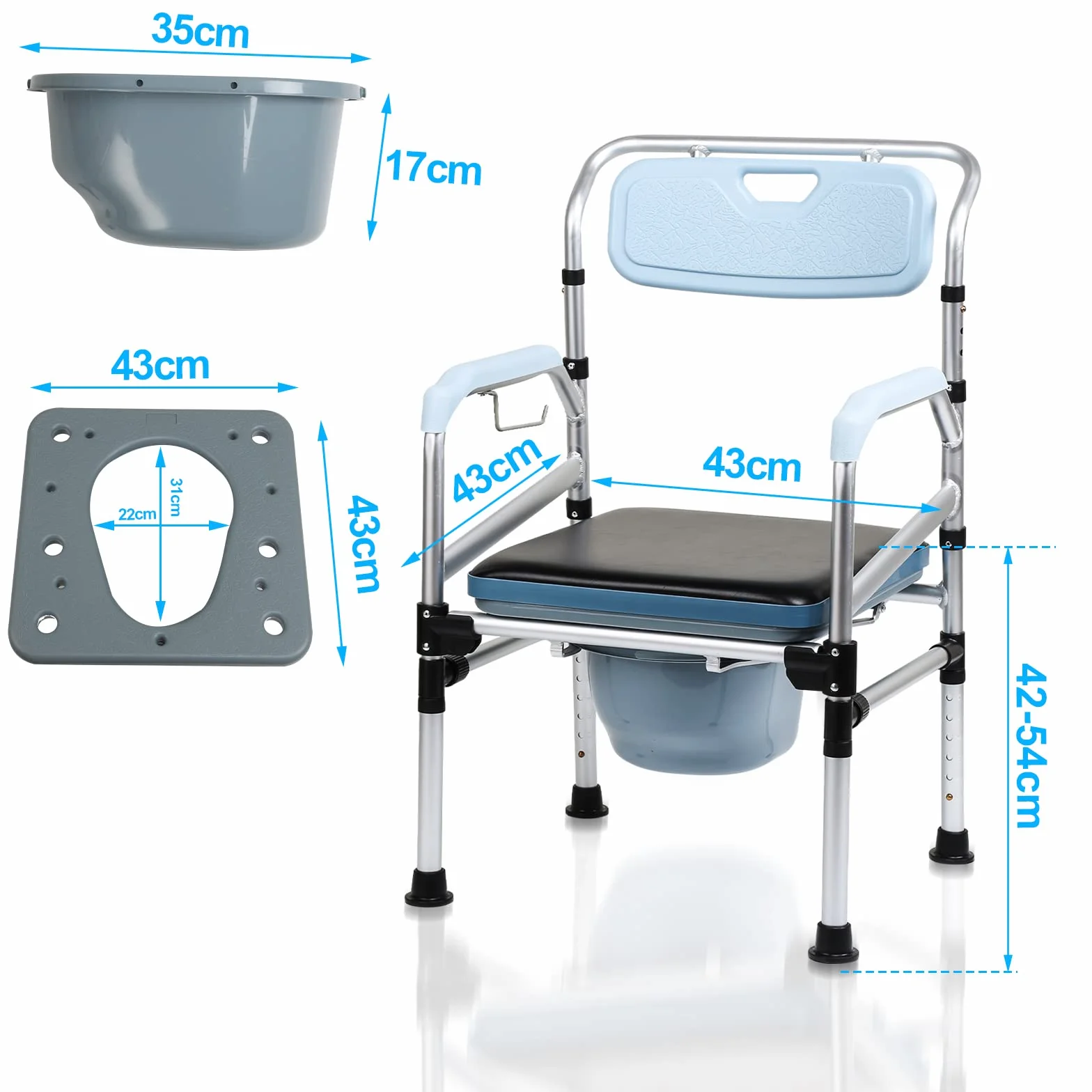 Krzesło toaletowe, krzesło łazienkowe, taboret prysznicowy do 160 kg, regulowana wysokość od 42 do 54 cm, z wyściełanym siedziskiem i wiadrem, krzesło nocne dla osób starszych i w ciąży