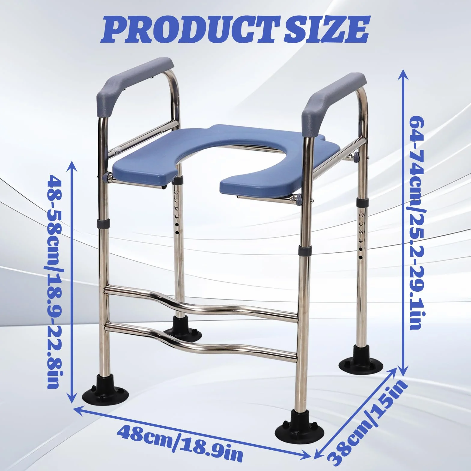 Podwyższenie deski sedesowej dla dorosłych, z podłokietnikami, dla seniorów. Krzesło toaletowe z regulacją wysokości, wysokość 64-74 cm, 48 x 38 cm, dla osób o ograniczonej sprawności ruchowej