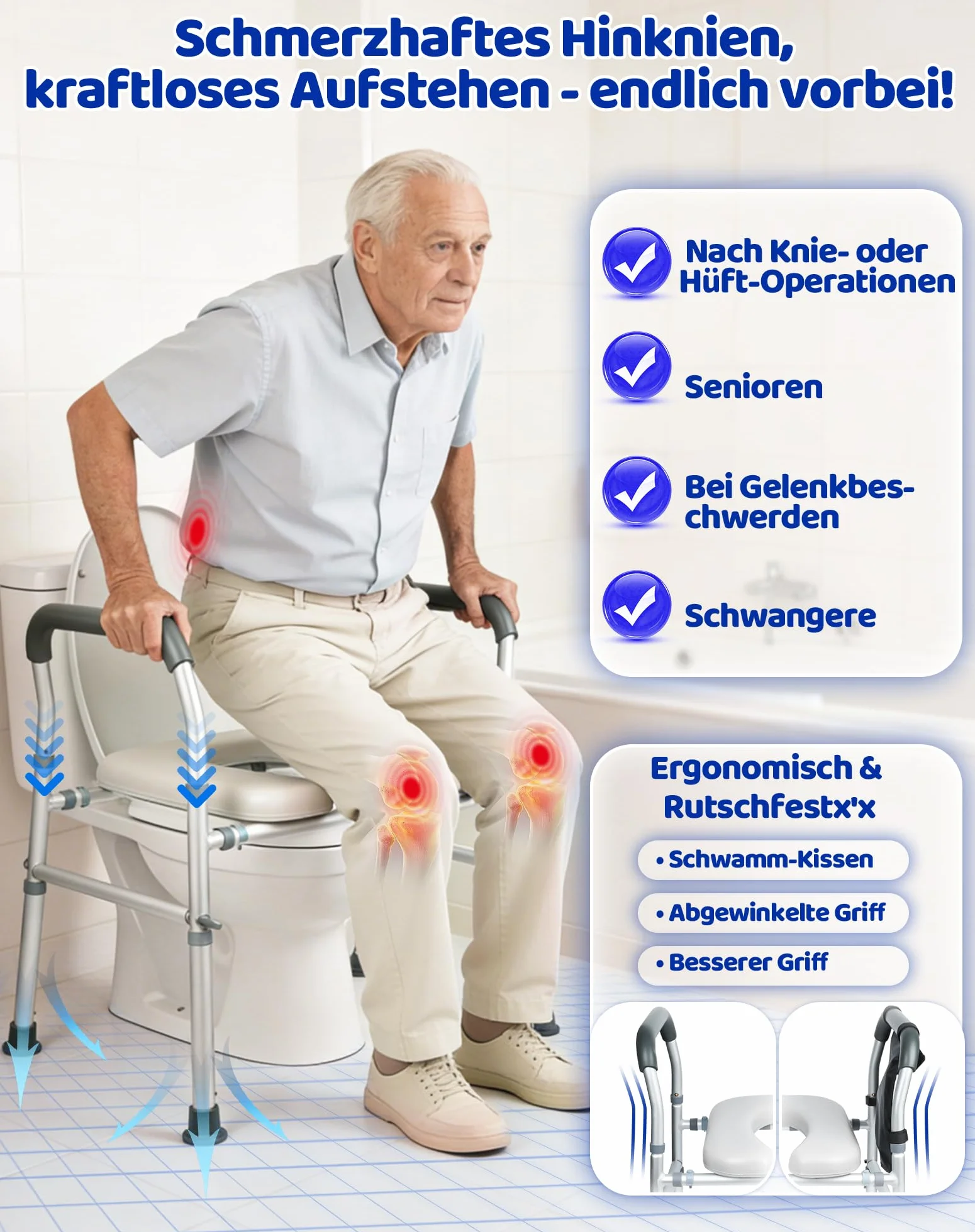 Podwyższenie deski sedesowej z podłokietnikami, pomoc w wstawaniu, nakładka toaletowa dla seniorów, podwyższona deska sedesowa z regulacją 8-stopniowej wysokości, 4-stopniowa, szerokość podwyższenia