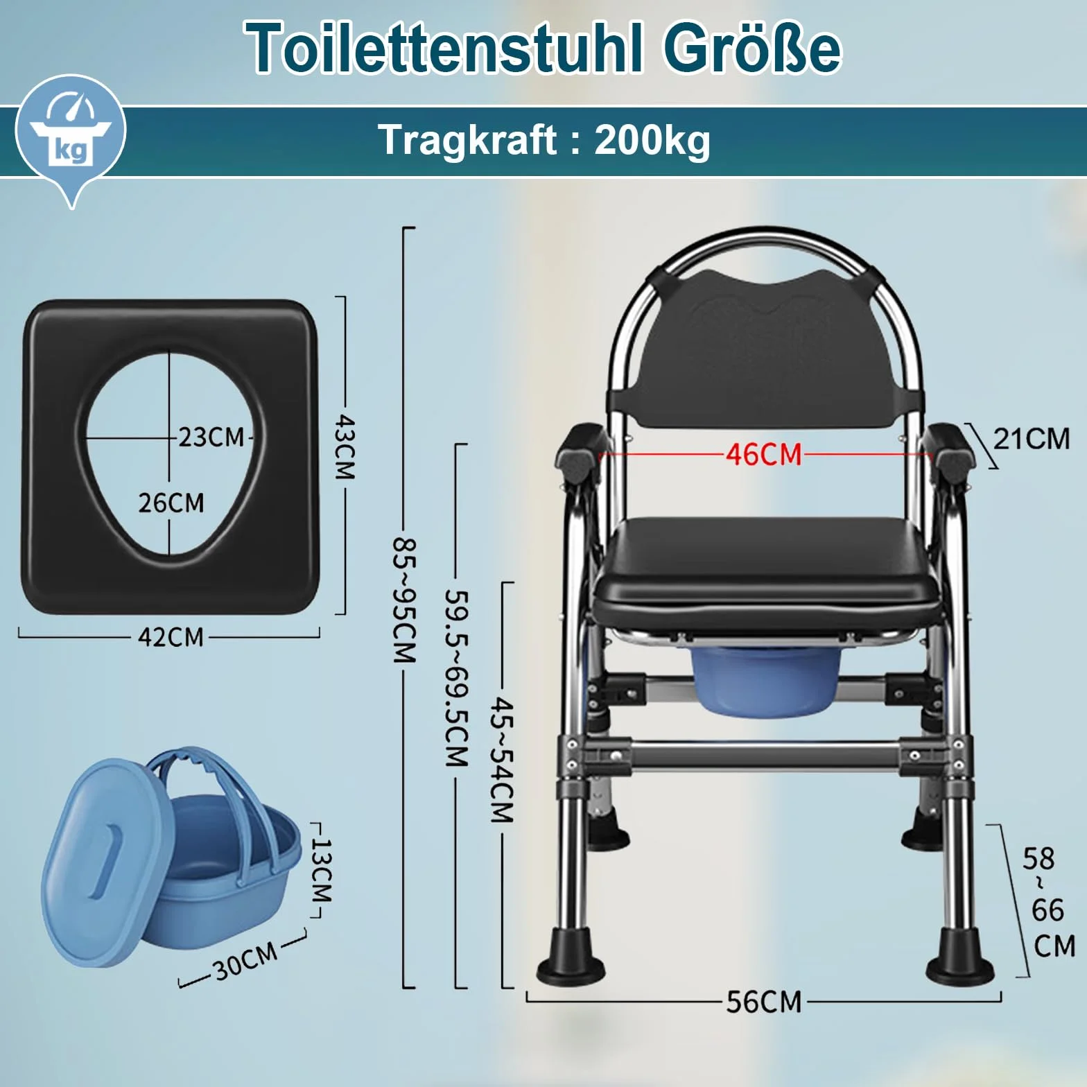 Krzesło toaletowe dla seniorów, składane, z regulacją wysokości, krzesło toaletowe z wiadrem toaletowym i podwójną poduszką, wygodne, antypoślizgowe, do 200 kg, dla niepełnosprawnych kobiet w ciąży