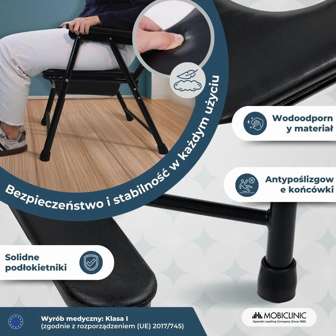 Mobiclinic, Guadalquivir, Krzesł do wc dla osób niepełnosprawnych, Upośledzonych, Starszych, Składane, Podłokietniki, Ergonomiczne siedzisko, Maty antypoślizgowe, Kolor czarny