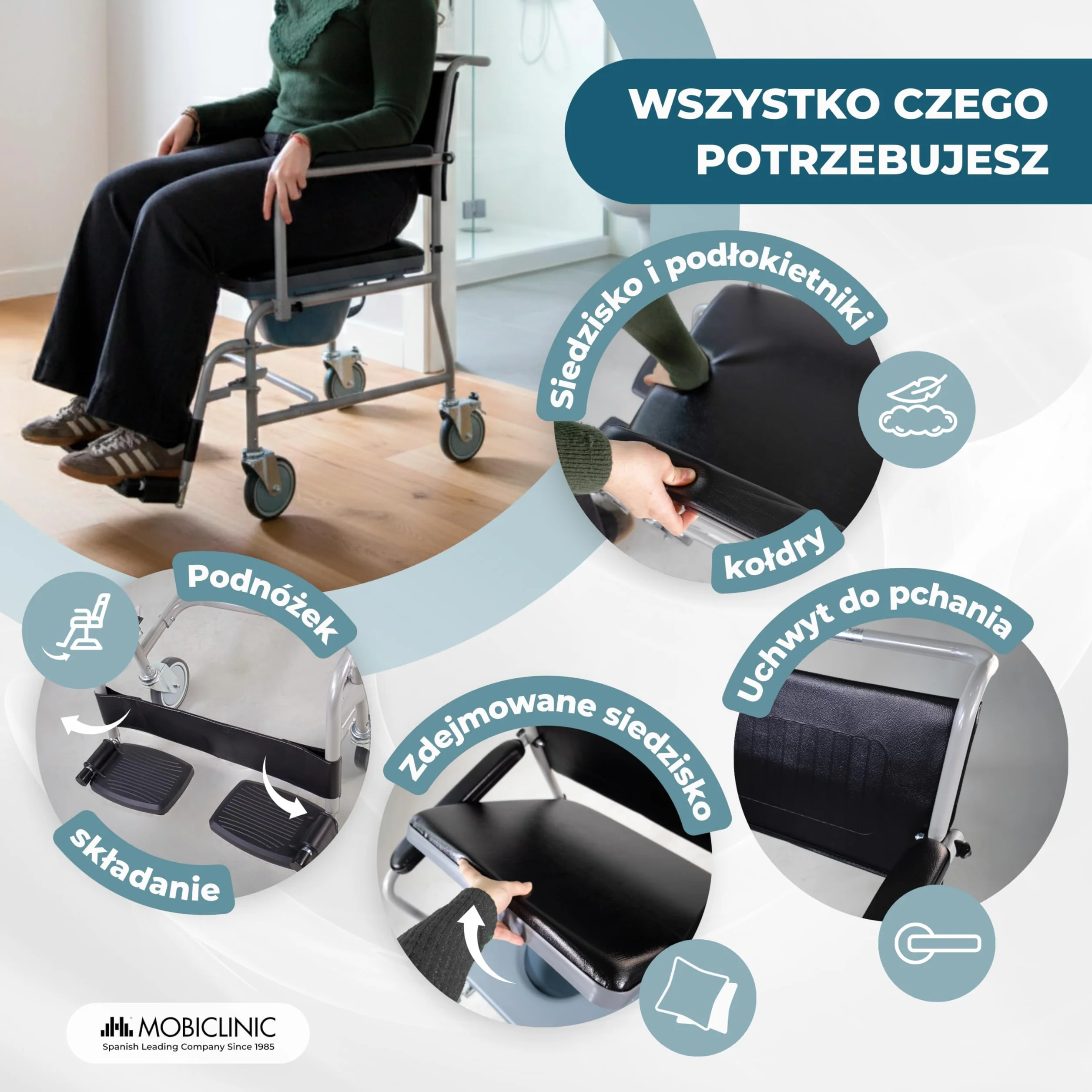 Mobiclinic, Wc krzesł na kółkach, Ancla, Toaleta dla osób niepełnosprawnych, Starszych, Składany podłokietnik i podnóżek ergonomiczny siedzenia, Szara
