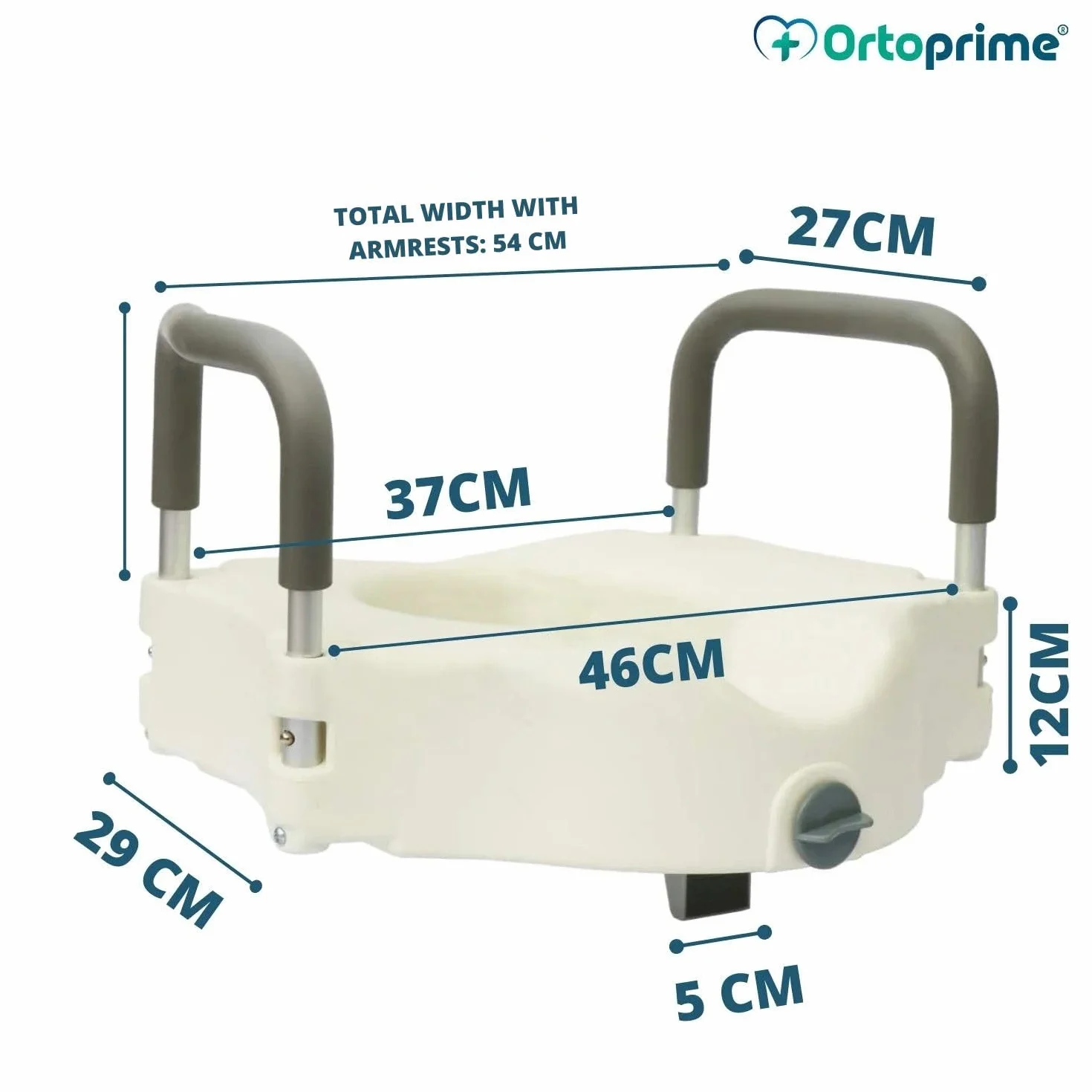 OrtoPrime Podnośnik toaletowy dla dorosłych z wyściełanym podłokietnikiem - Wysokość 12 cm - Podnośnik WC do toalety - Podnośnik toaletowy dla dorosłych z zabezpieczeniem - Podnośnik toaletowy