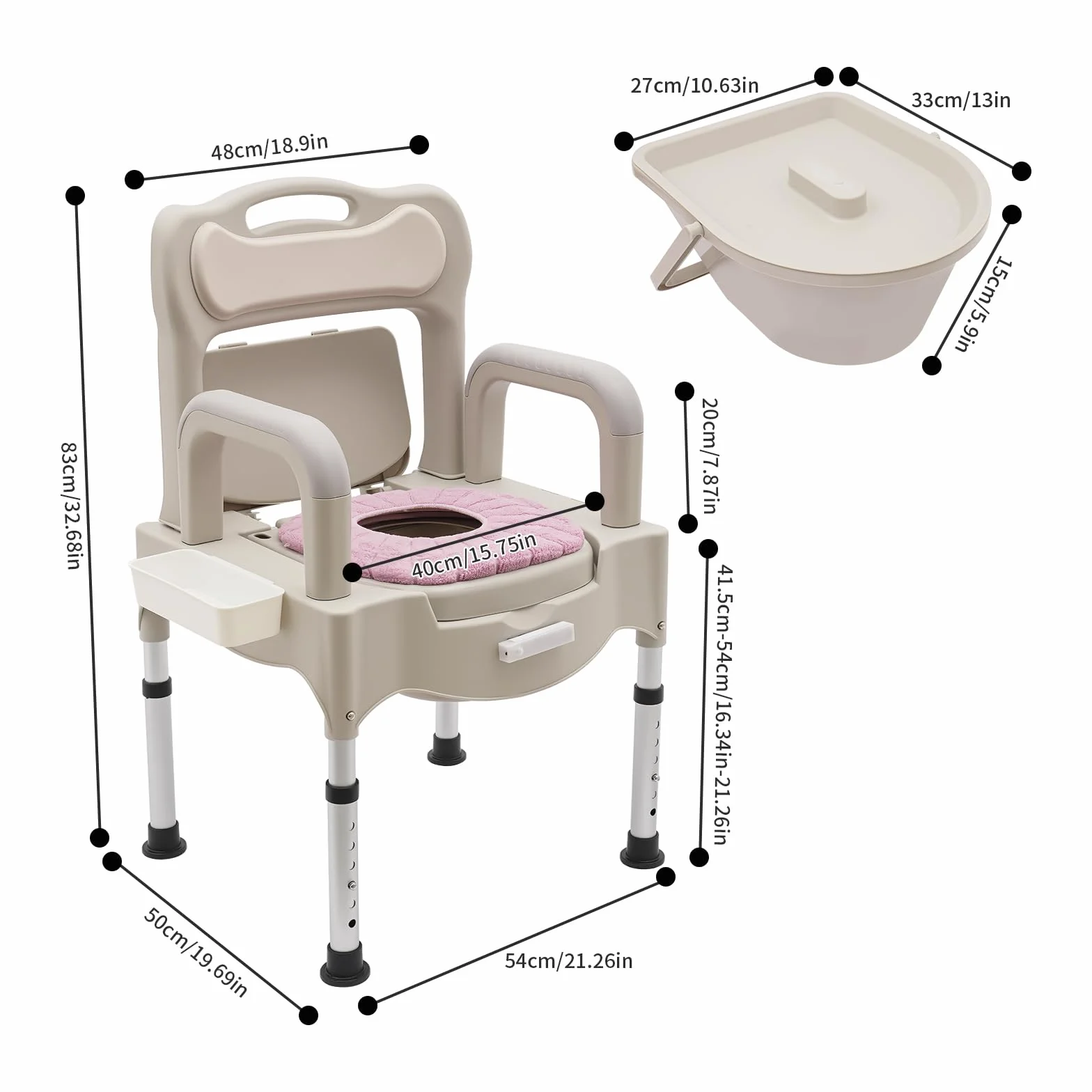 Krzesło toaletowe, krzesło prysznicowe z 2 wiadrami toaletowymi, regulacja wysokości 41,5-54 cm, nośność 250 kg, krzesło nocne dla seniorów, osób niepełnosprawnych