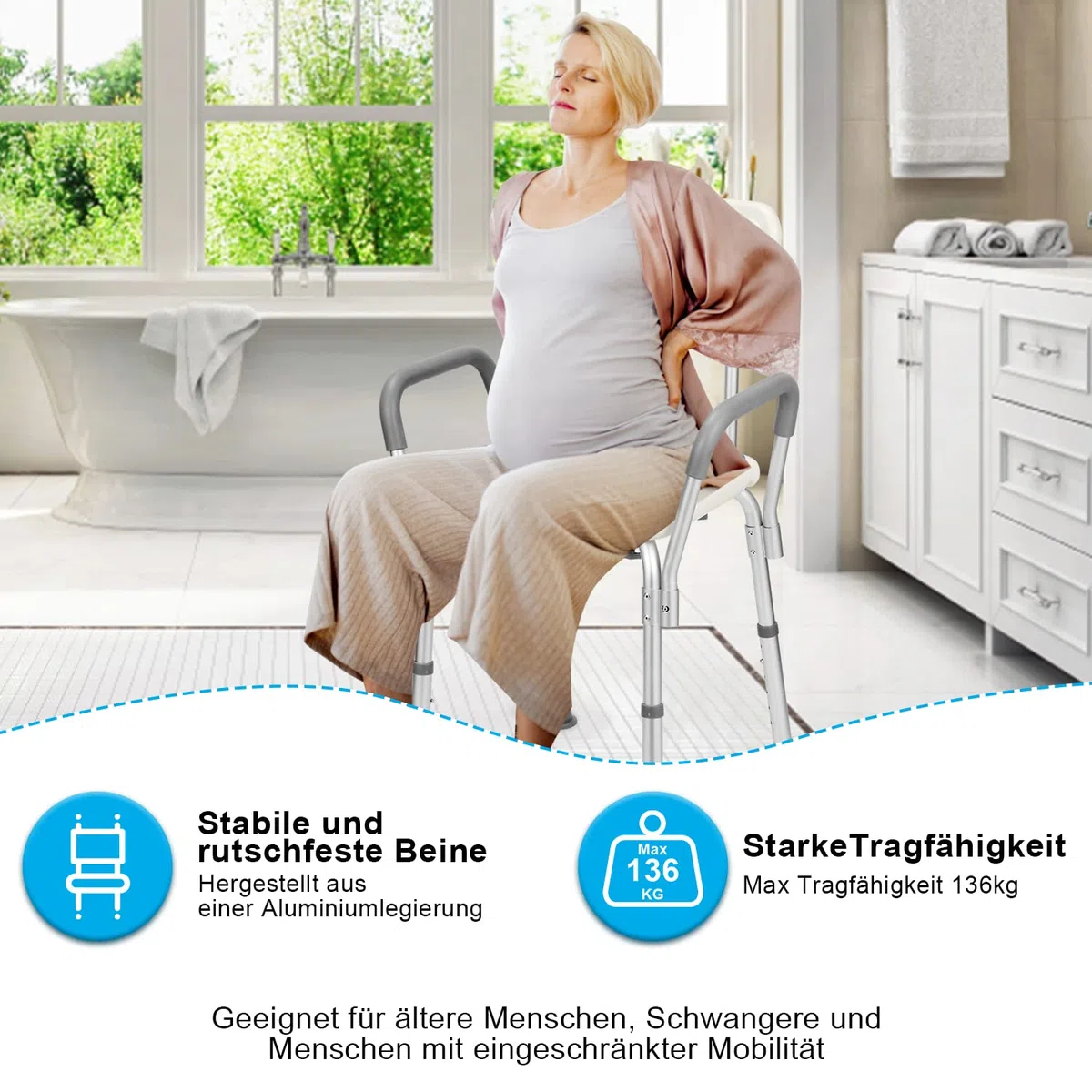 M1-GGP8887c taboret prysznicowy z podłokietnikami, oparcie, antypoślizgowe siedzisko łazienkowe i poduszka do siedzenia, taboret kąpielowy z regulacją wysokości 41-53,5 cm, krzesło prysznicowe