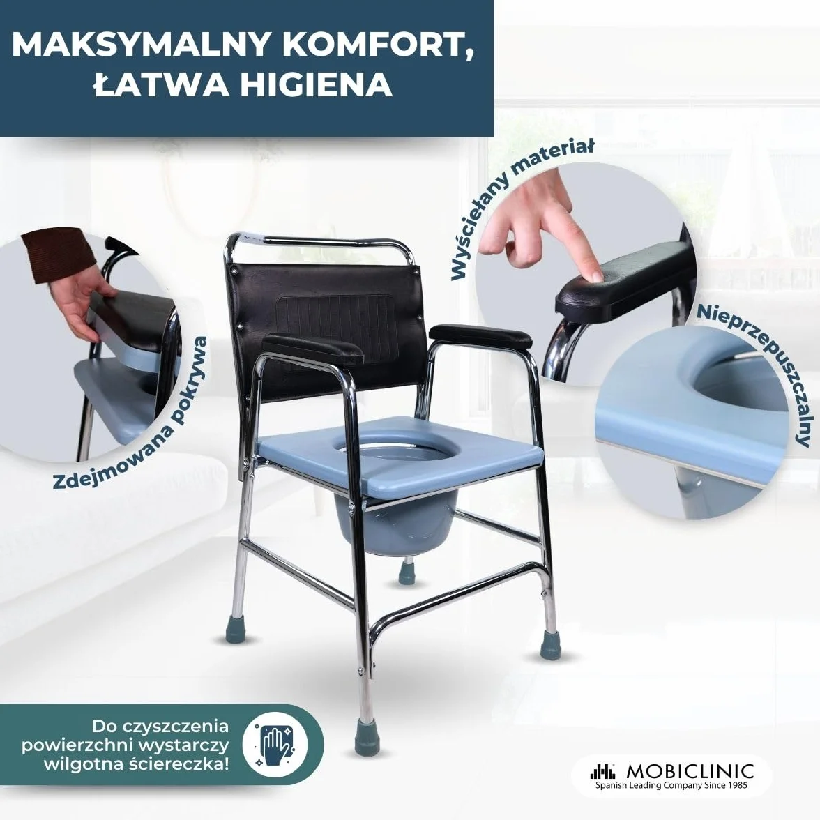 Krzesło toaletowe | Z pokrowcem | Podłokietniki | Podkładki antypoślizgowe | Żaglówka | Mobiclinic