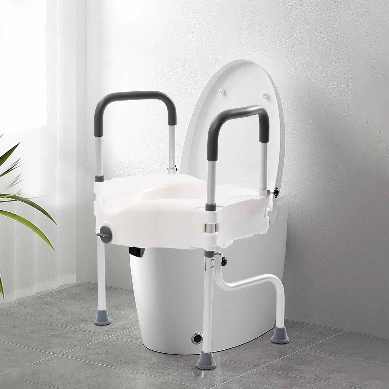 Uchwyt do toalety, podwyższenie deski sedesowej i rama bezpieczeństwa z podłokietnikami, nośność 150 kg, wysokość 11 cm, łatwy do czyszczenia, ergonomiczny design