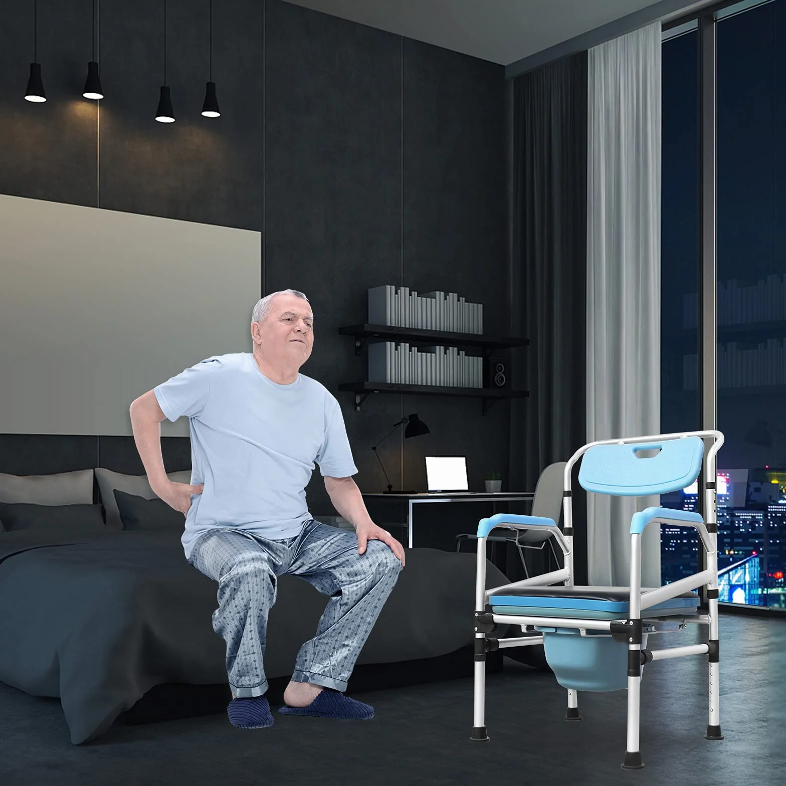 LZQ Regulowany fotel toaletowy dla seniorów, osób starszych i niepełnosprawnych, 200 kg, srebrny, aluminium i PU