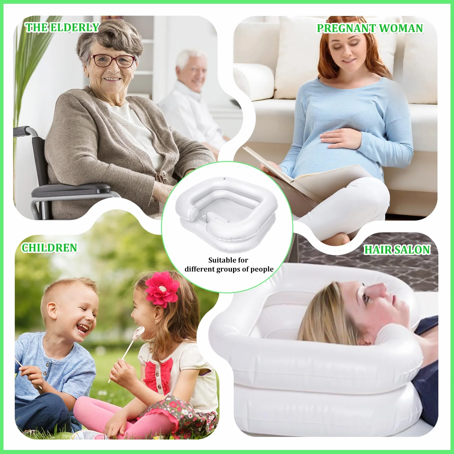 Umywalka do włosów dla osób chorych w łóżku, nadmuchiwana umywalka do włosów z wężem odpływowym 1 m, mycie włosów w łóżku, z głowicą prysznicową i workiem na wodę, dla kobiet w ciąży, rannych i