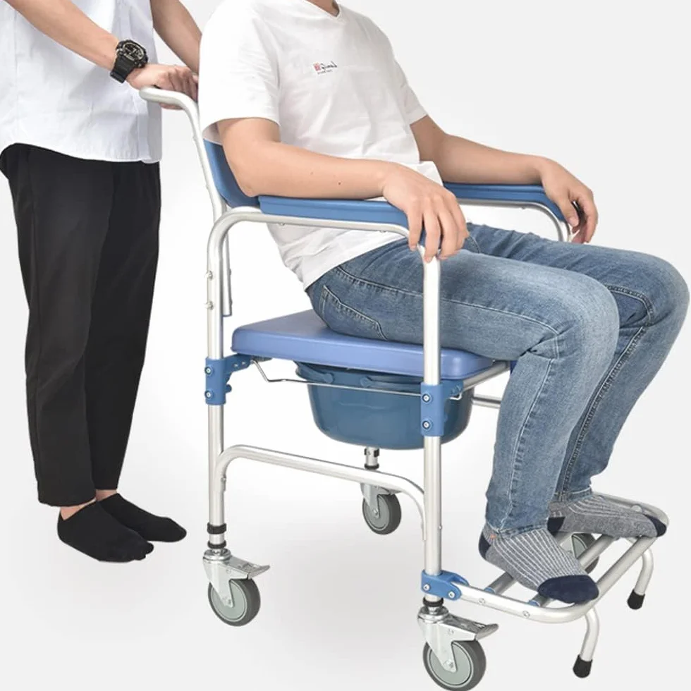 Przenośny wózek toaletowy z podłokietnikami i oparciem, dla seniorów i osób niepełnosprawnych, do 150 kg