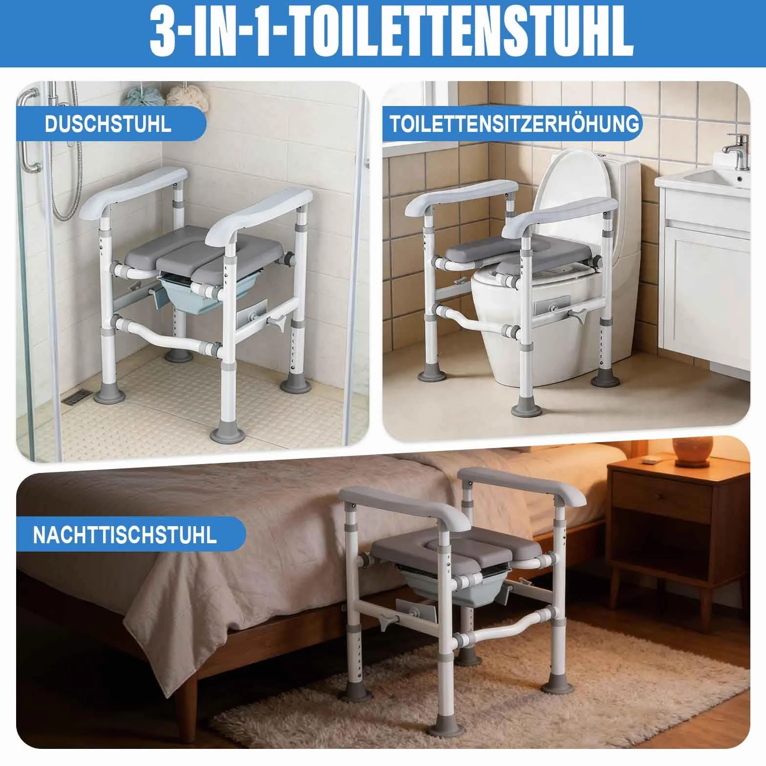 NJUN Podwyższenie deski sedesowej z podłokietnikami, 4 w 1, pomoc w wstawaniu, toaleta dla seniorów, z regulacją wysokości, krzesło toaletowe z wyściełanym i zdejmowanym wiadrem (wysokość i szerokość