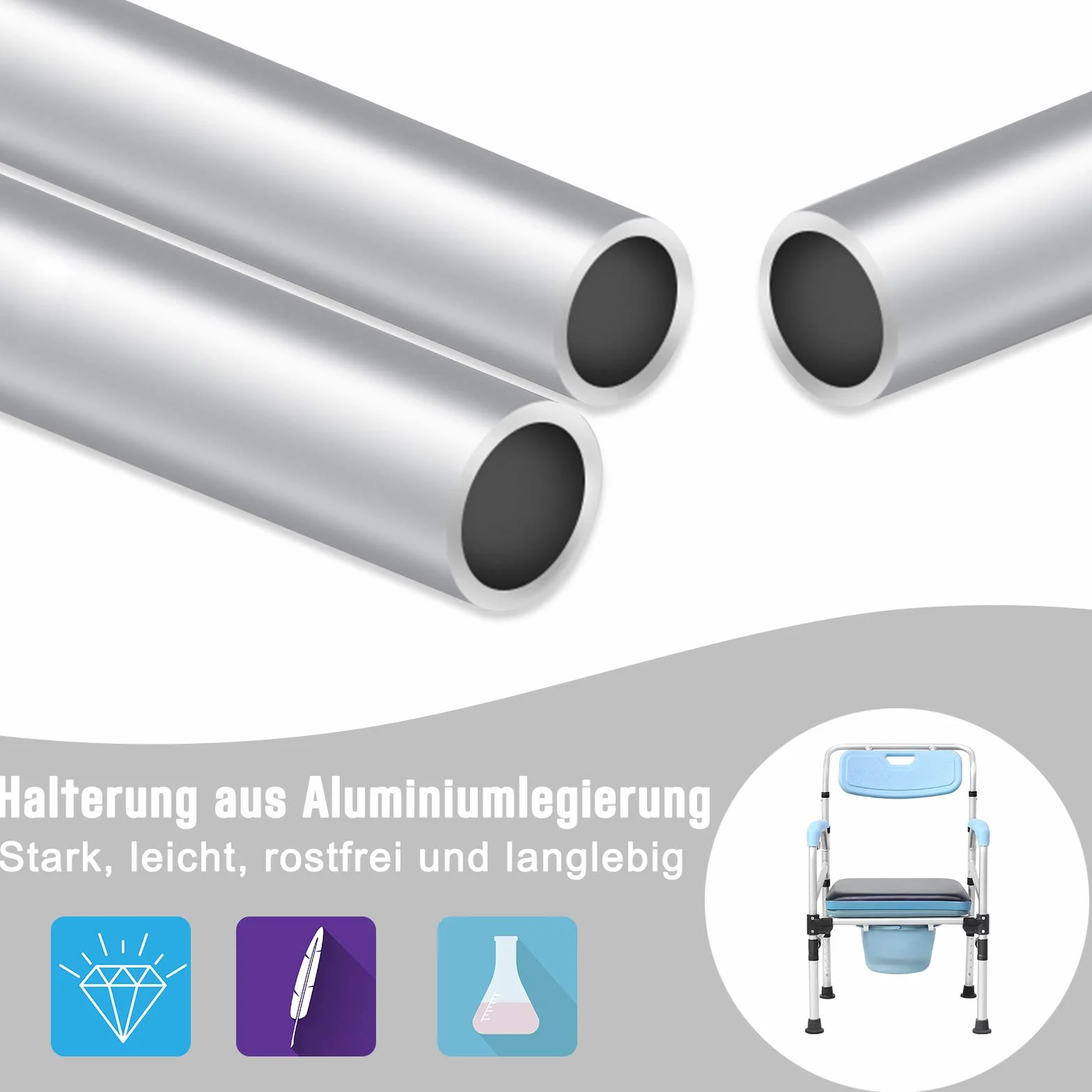 LZQ Regulowany fotel toaletowy dla seniorów, osób starszych i niepełnosprawnych, 200 kg, srebrny, aluminium i PU