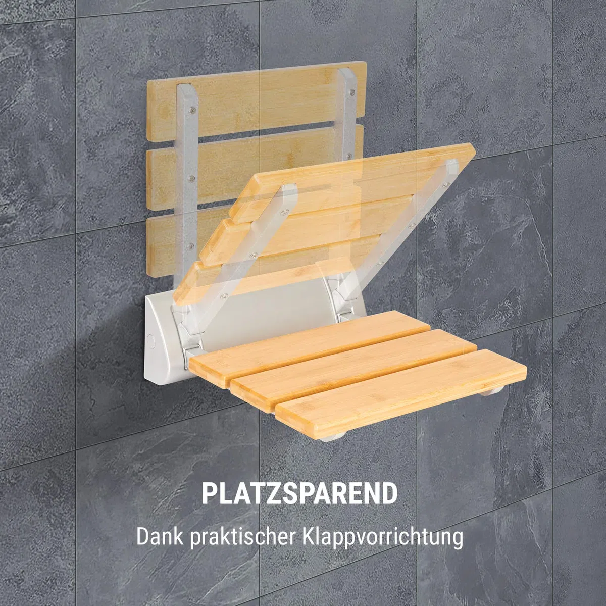Oneconcept Arielle siedzisko prysznicowe – składane siedzisko z bambusową powierzchnią do siedzenia, zawieszenie ze stopu aluminium, maks. waga: 160 kg, w zestawie materiał montażowy, typ: Arielle,
