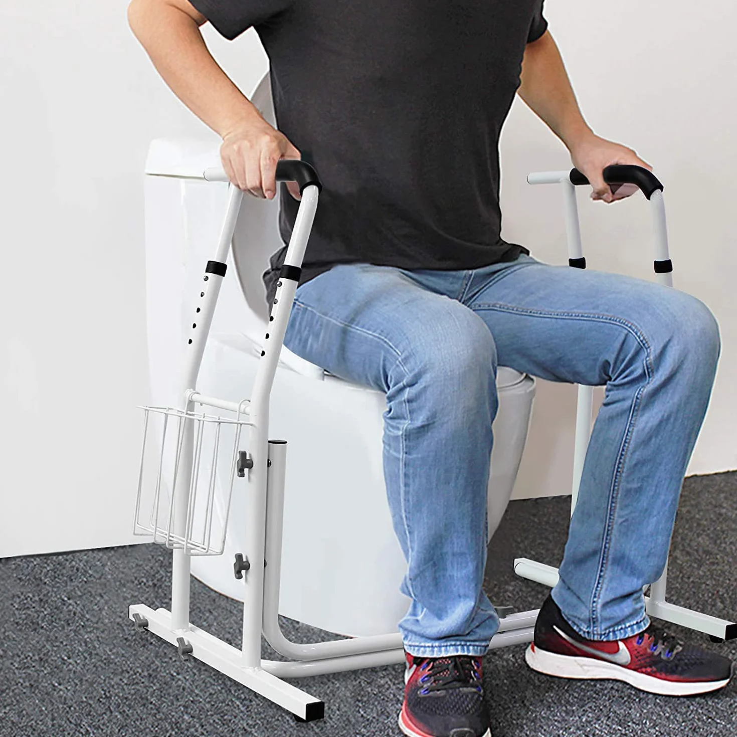 NAIZY Rama WC Securise WC z regulacją wysokości, regulowany pod kątem uchwyt na toaletę z koszem do przechowywania, obciążenie do 200 kg