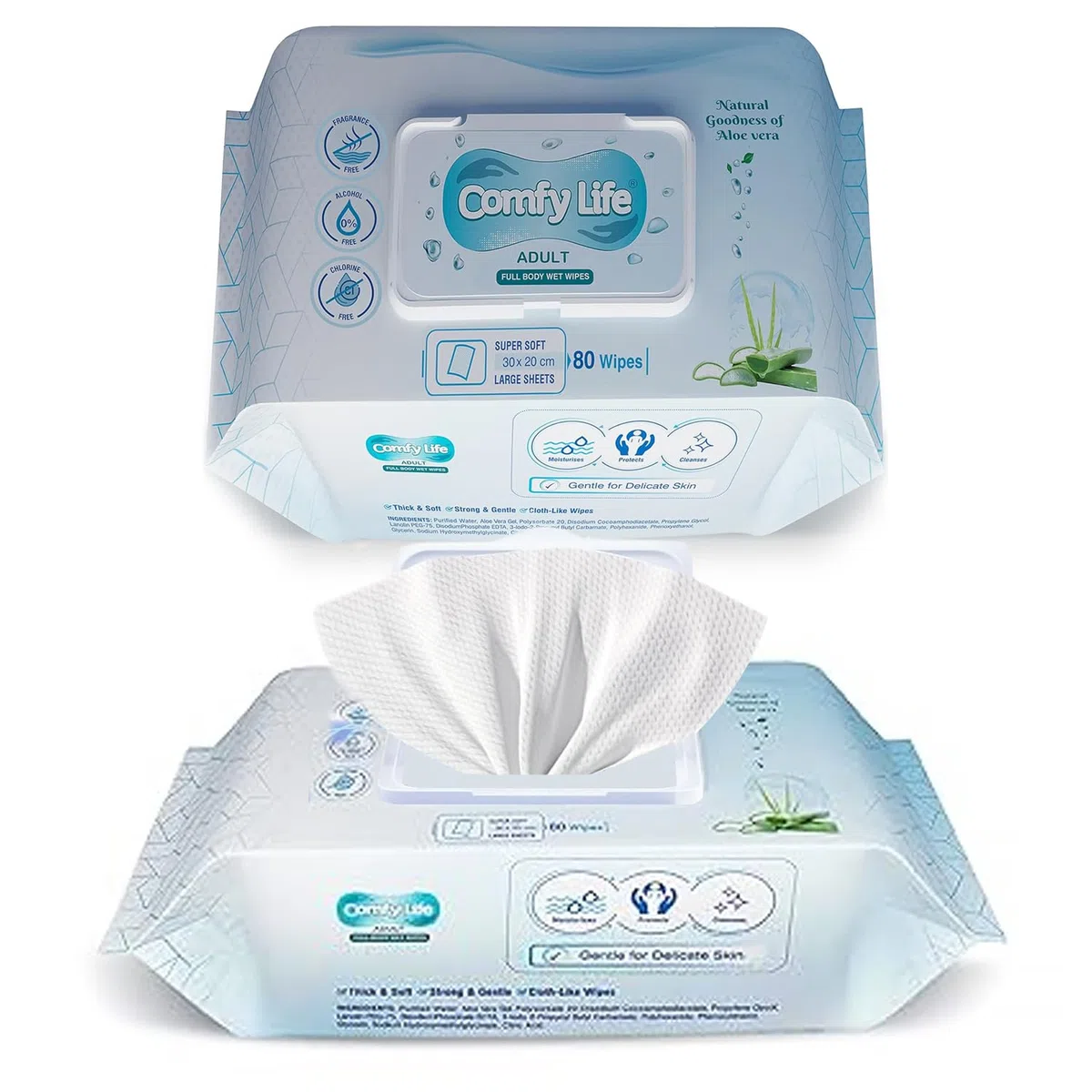 Comfy Life Premium nawilżane chusteczki do czyszczenia całego ciała dla dorosłych – duże, luksusowe, bez spłukiwania, bezzapachowe, miękkie prześcieradła (1 opakowanie (80 chusteczek)