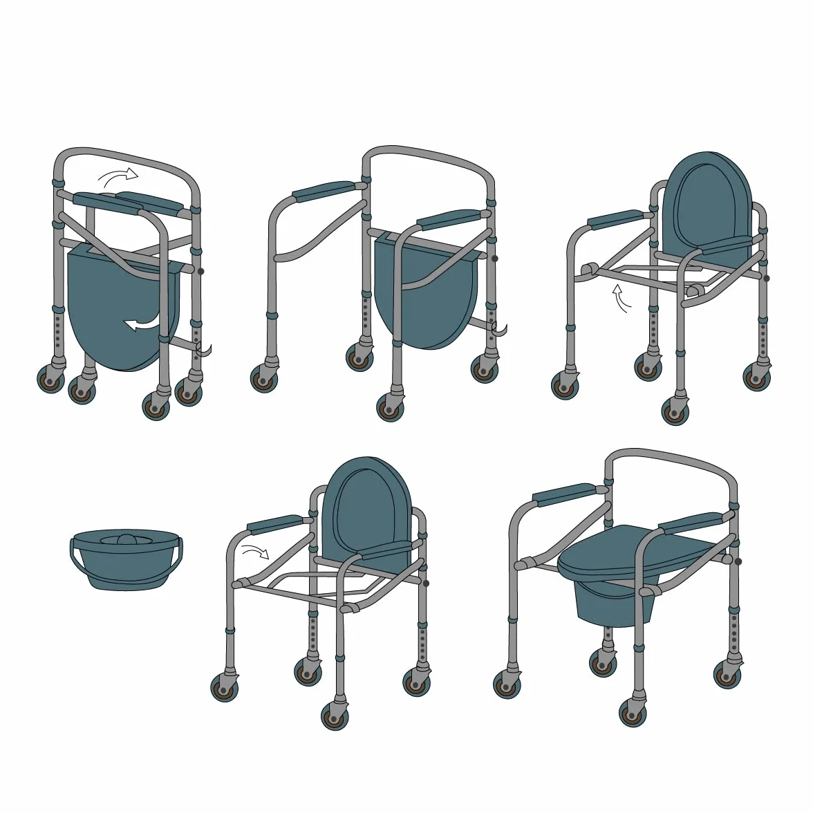Mobiclinic®, Krzesło Toaletowe, Składane, Przenośna Toaleta, Zdejmowany Kubeł, Podłokietniki, Ergonomiczne Siedzisko, Do 100 kg, Kółka z Hamulcami, Antypoślizgowe Nóżki, Stal, Sprężynowe