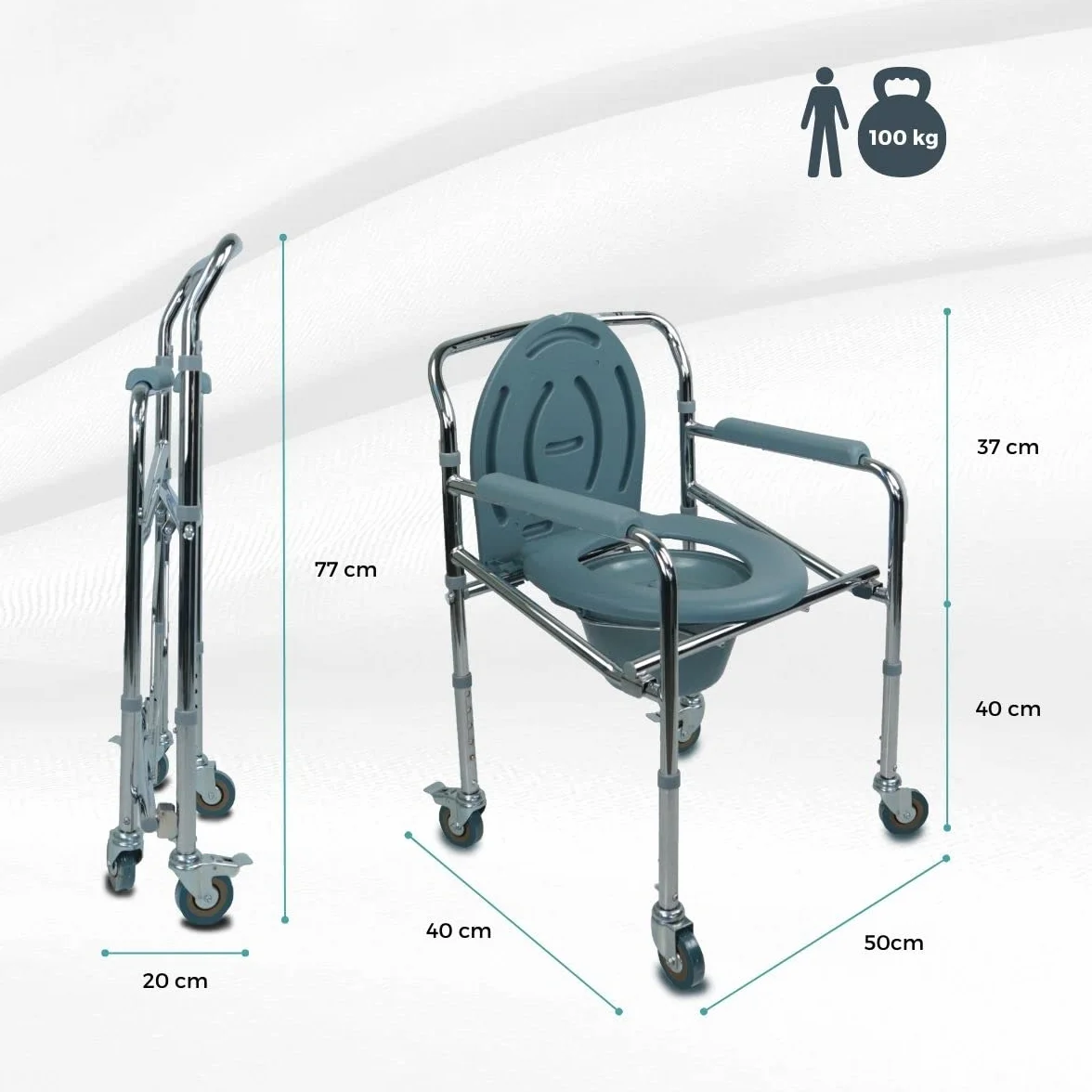 Mobiclinic®, Krzesło Toaletowe, Składane, Przenośna Toaleta, Zdejmowany Kubeł, Podłokietniki, Ergonomiczne Siedzisko, Do 100 kg, Kółka z Hamulcami, Antypoślizgowe Nóżki, Stal, Sprężynowe