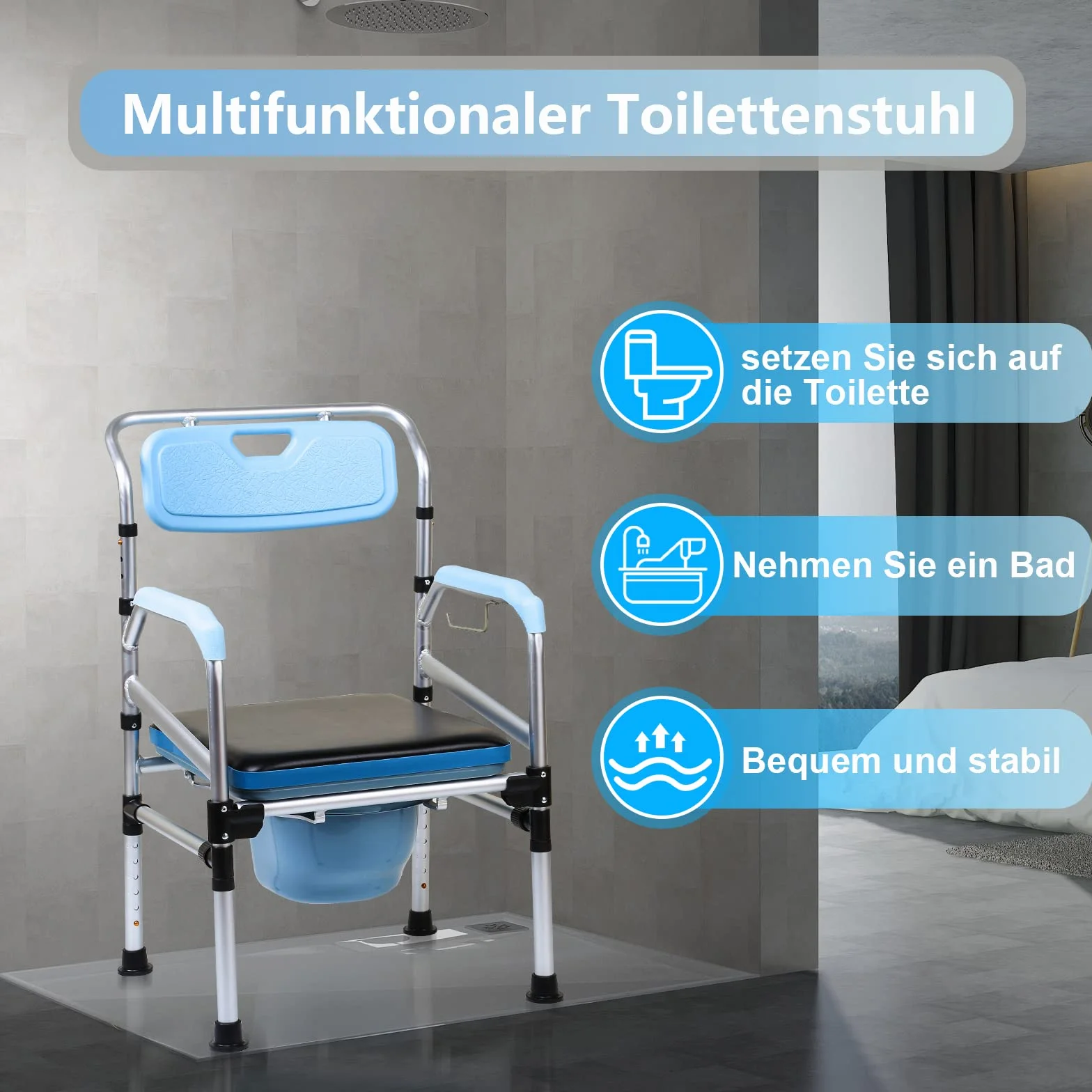 Krzesło toaletowe, krzesło łazienkowe, taboret prysznicowy do 160 kg, regulowana wysokość od 42 do 54 cm, z wyściełanym siedziskiem i wiadrem, krzesło nocne dla osób starszych i w ciąży