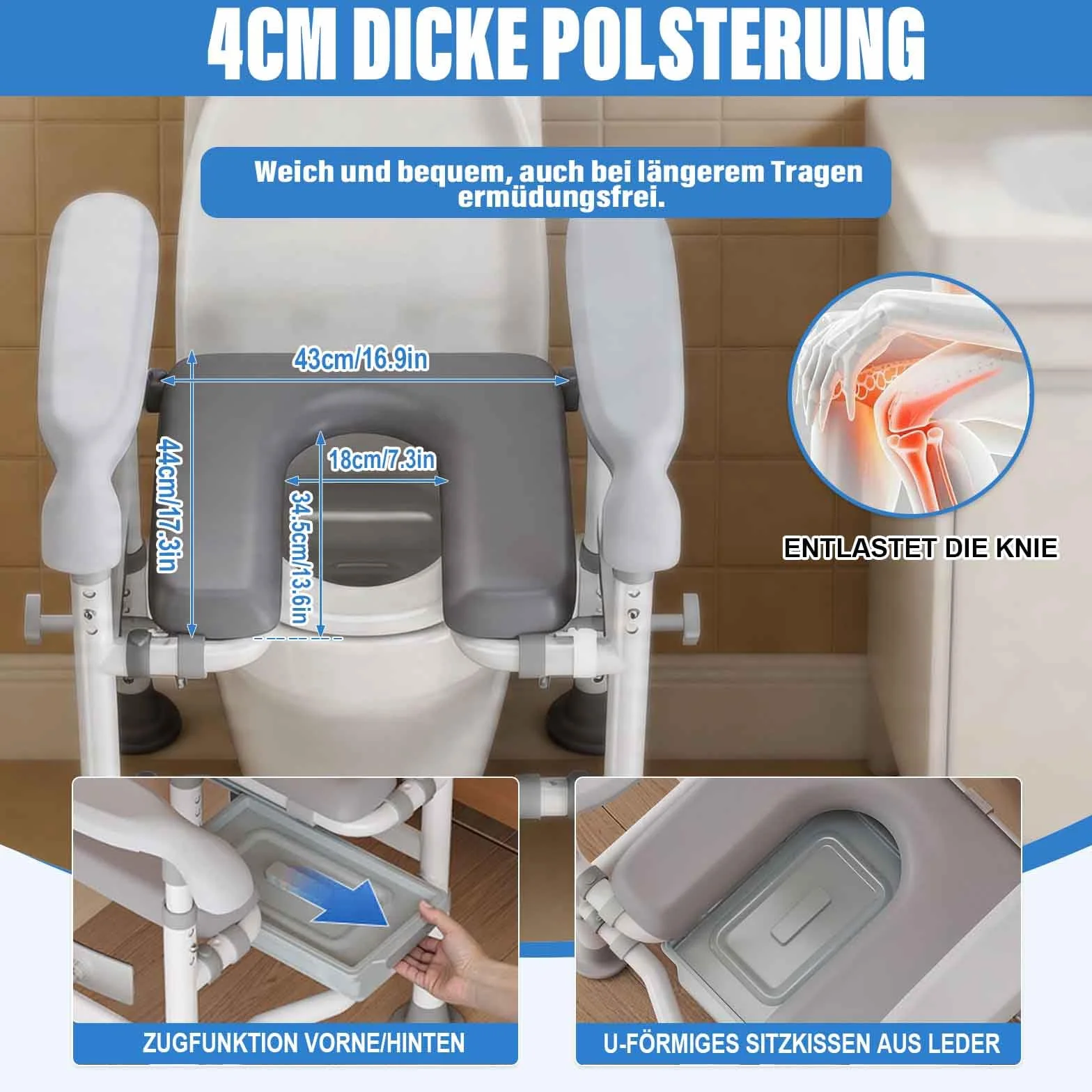 NJUN Podwyższenie deski sedesowej z podłokietnikami, 4 w 1, pomoc w wstawaniu, toaleta dla seniorów, z regulacją wysokości, krzesło toaletowe z wyściełanym i zdejmowanym wiadrem (wysokość i szerokość